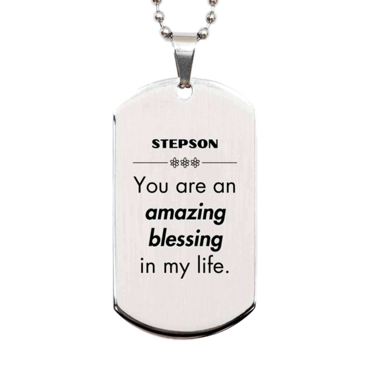 Stepson Silver Dog Tag Necklace - Engraved 'You Are an Amazing Blessing' - Inspirational Thank You Gift for Stepson - Birthday & Christmas Present - Silver Plated Zinc with Cubic Zirconia - Perfect for Special Occasions & Daily Wear