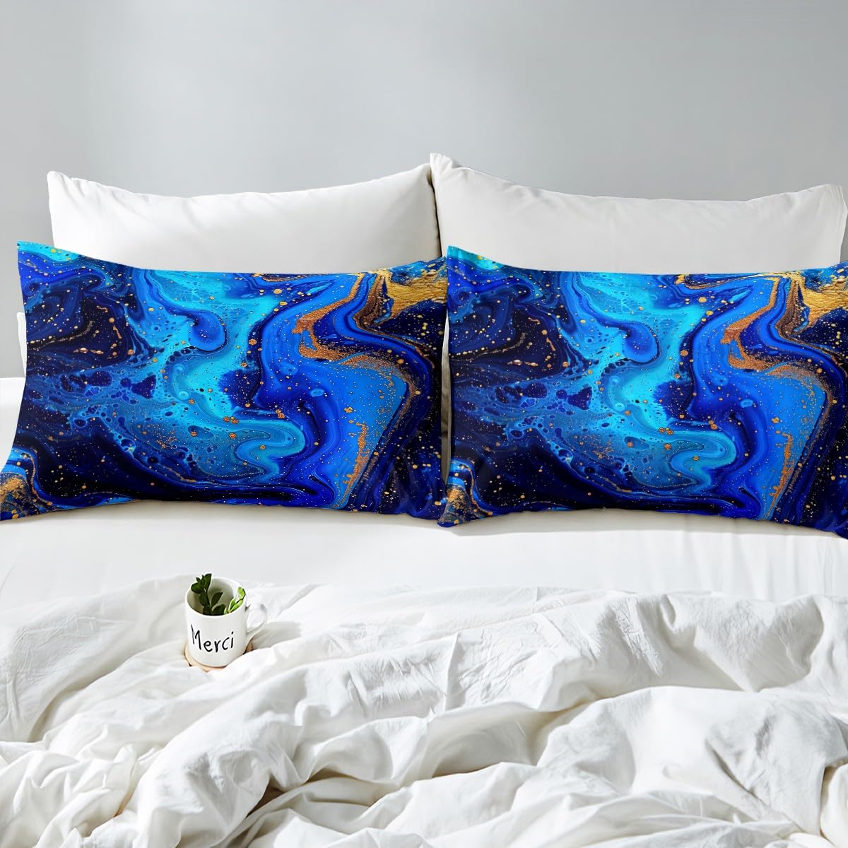 Erosebridal Marble Print Sheet Set - Trippy Grunge Fluid Golden Blue Tie Dye Swirl Gothic Abstract Art Design - Deep Pocket Fitted Sheet + Flat Sheet + Pillowcase - Twin Size - Perfect for Bohemian Bedroom Decor & Gothic Aesthetic Lovers