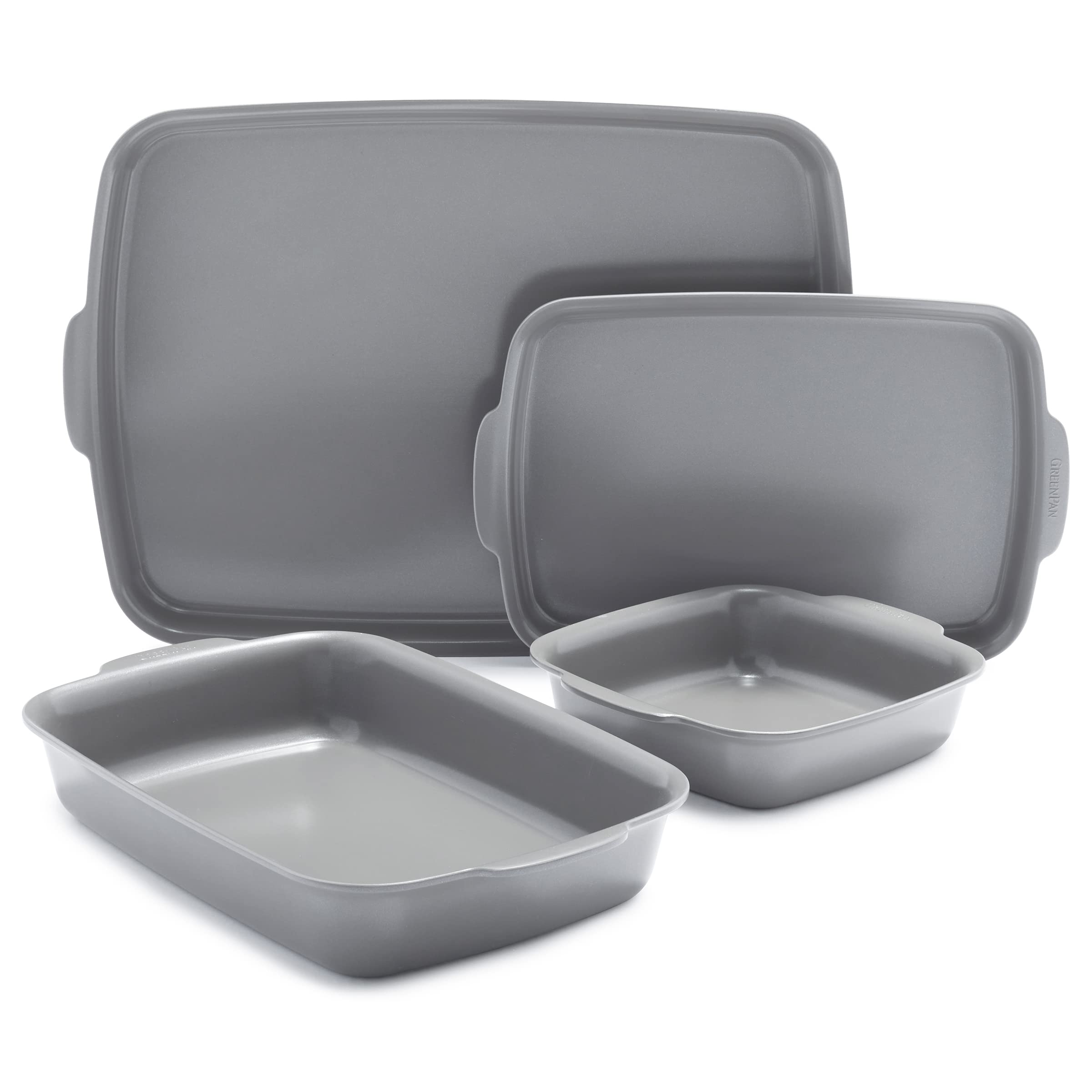 GreenPan Premiere Healthy Ceramic Nonstick 4-Piece Bakeware Set - PFOA & PFAS-Free, Warp-Resistant Baking Pans (Rectangular, Square, Quarter & Half Sheet) - Oven Safe to 600°F & Dishwasher Safe - Perfect for Baking Cookies, Cakes, Roasts & Meal Prep - Gray