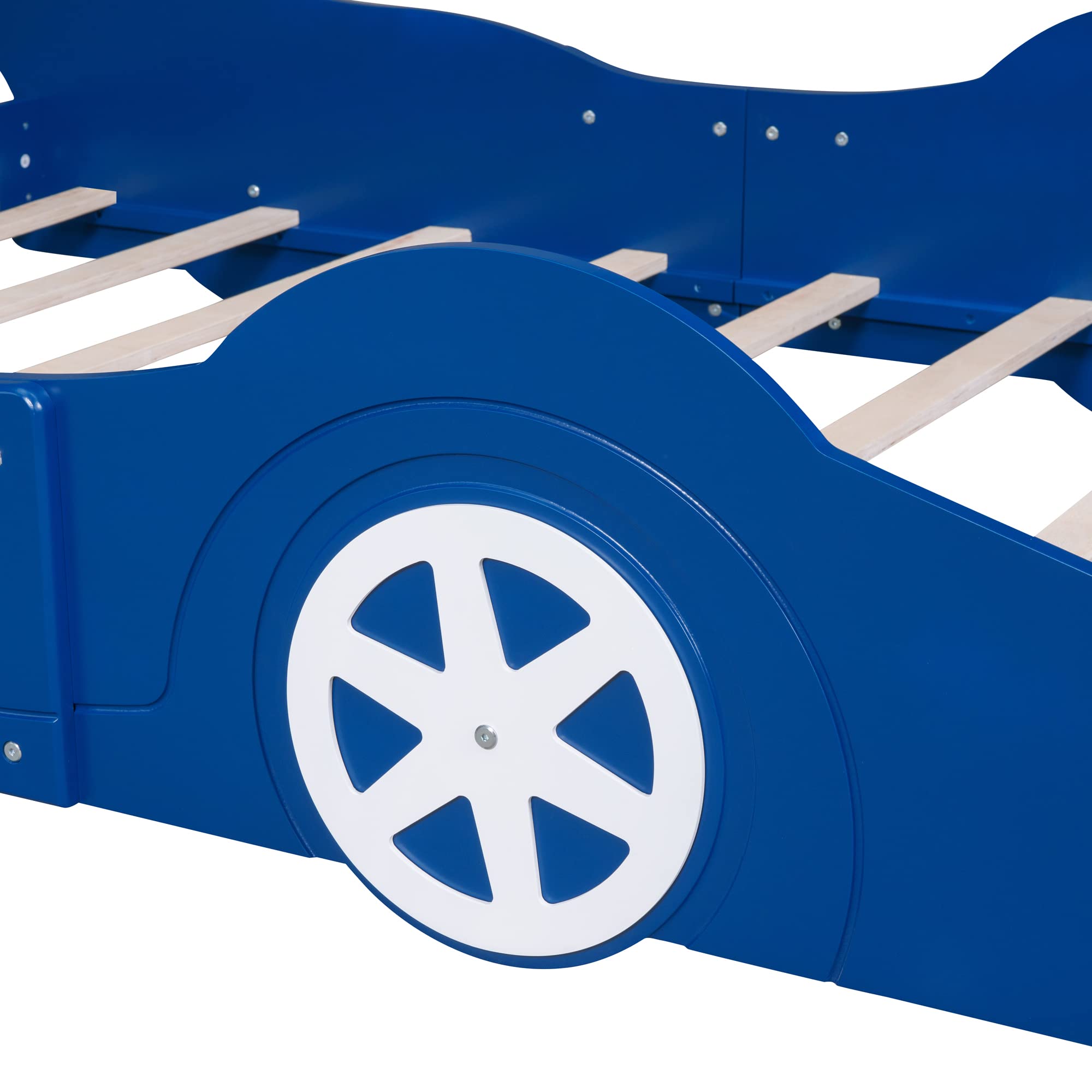 Full Size Race Car Bed for Boys - Wooden Car-Shaped Bed Frame with Wheels & Slat Support - Blue Kids Bedroom Furniture for Playrooms & Sleepovers