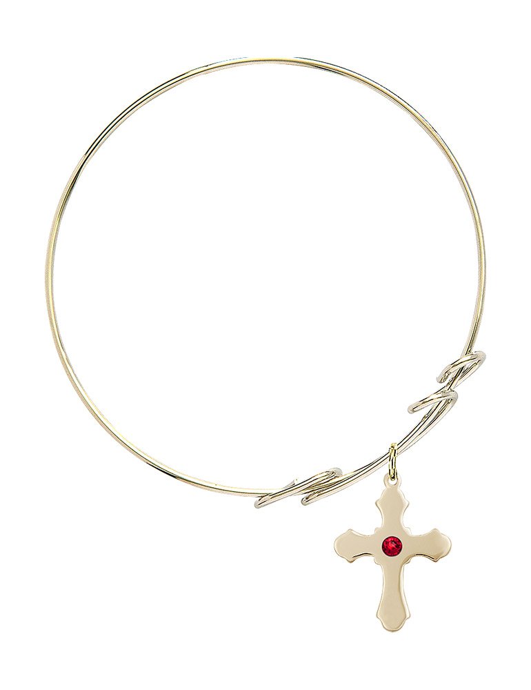 8 Inch Round Double Loop Bangle Bracelet with Cross Medal Charm & July Red Crystal - Elegant Jewelry for Women, Perfect for Parties, Weddings & Everyday Wear