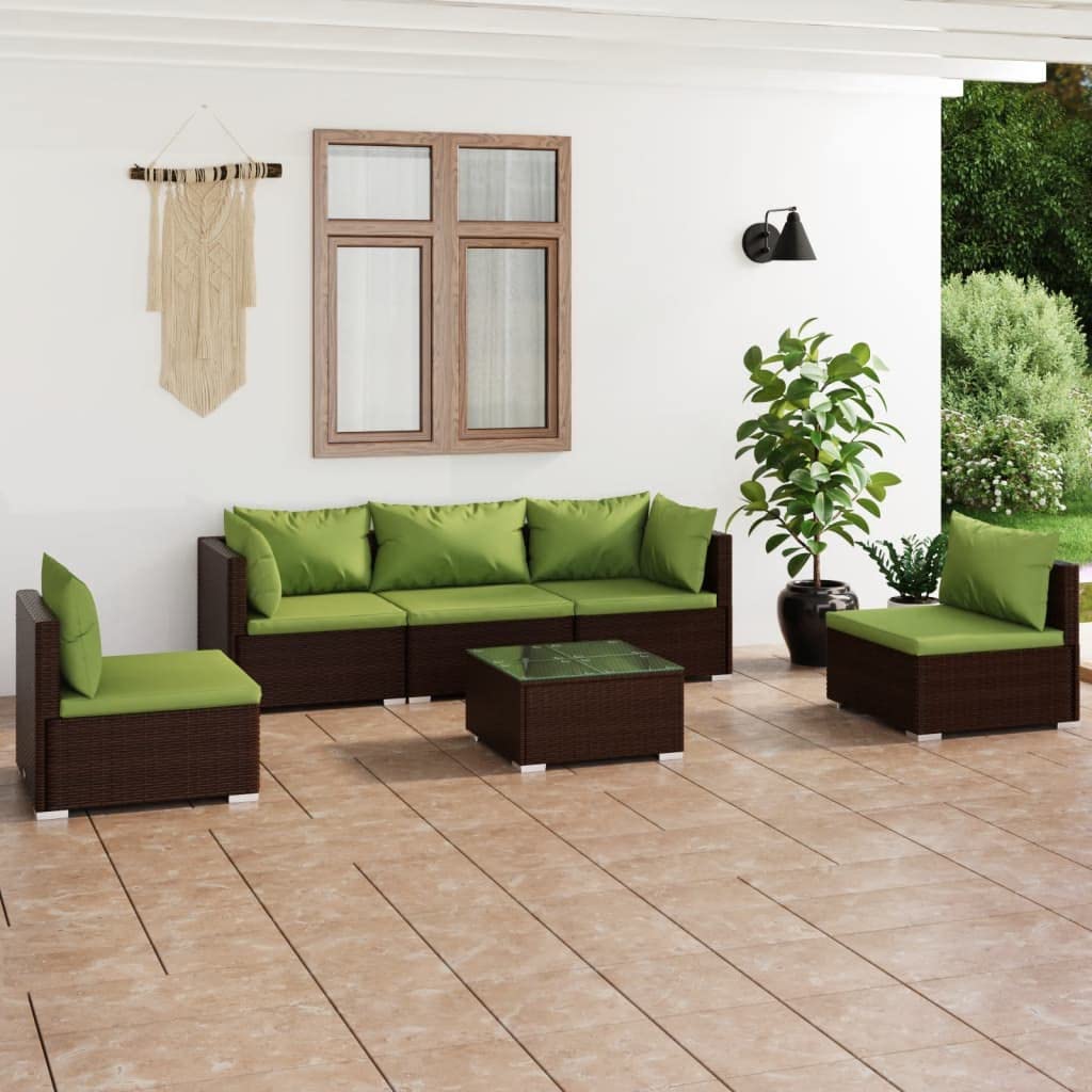 6-Piece Modular Patio Lounge Set with Cushions - Stylish Brown Poly Rattan Outdoor Furniture with Powder-Coated Steel Frame, Garden Sofa Set with Coffee Table - Perfect for Backyard, Poolside & Patio Relaxation