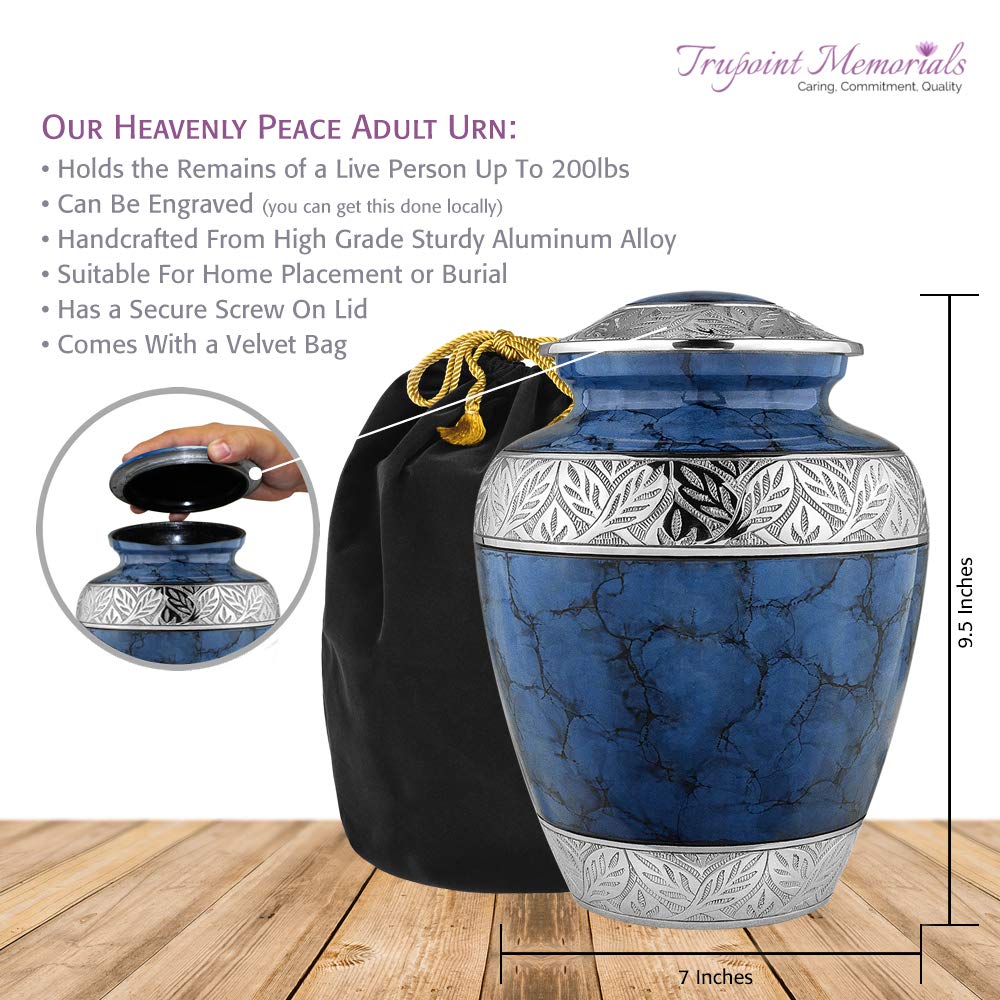 Heavenly Peace Elegant Dark Blue Adult Cremation Urn for Ashes - Beautiful Keepsake Memorial Urn with Velvet Bags & Case - Perfect for Home Memorials, Funeral Services & Honoring Loved Ones