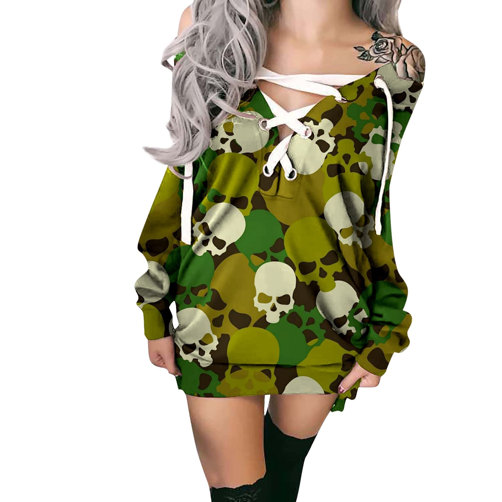 Women's 4XL Halloween Print Sweatshirt Dress - Off Shoulder Strappy Rayon Blouse in Green | Casual Party Wear, Costume Outfit & Fall Fashion