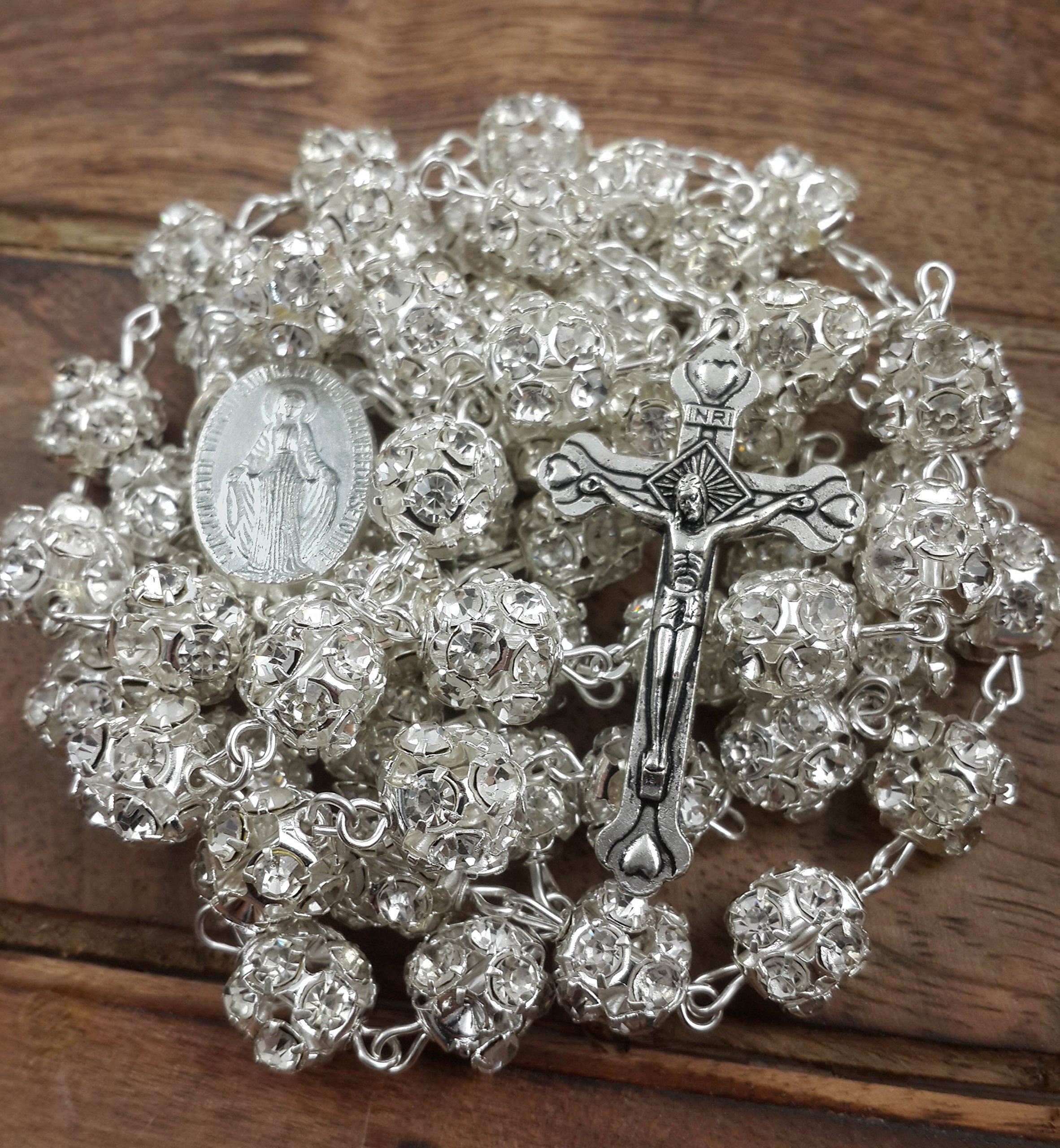White Zircon Rosary Necklace with Miraculous Medal & Crucifix - Prayer & Gift