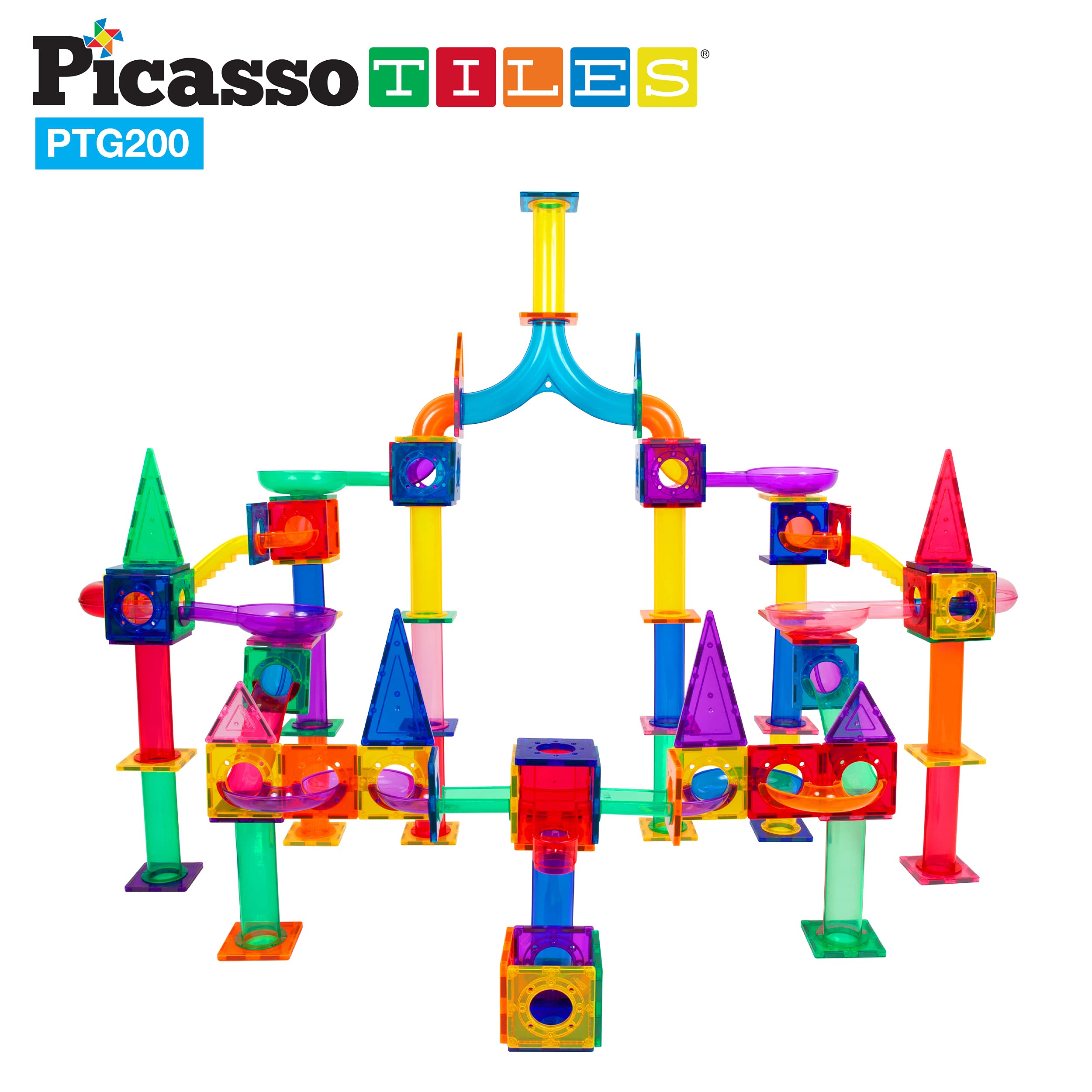 PicassoTiles 200-Piece Magnetic Marble Run Set - STEM Educational Building Blocks for Kids Ages 3+, Marble Maze Race Track Toy with Sensory Marbles for Toddlers - Perfect for Indoor Play, Birthday Gifts & Early Learning Activities