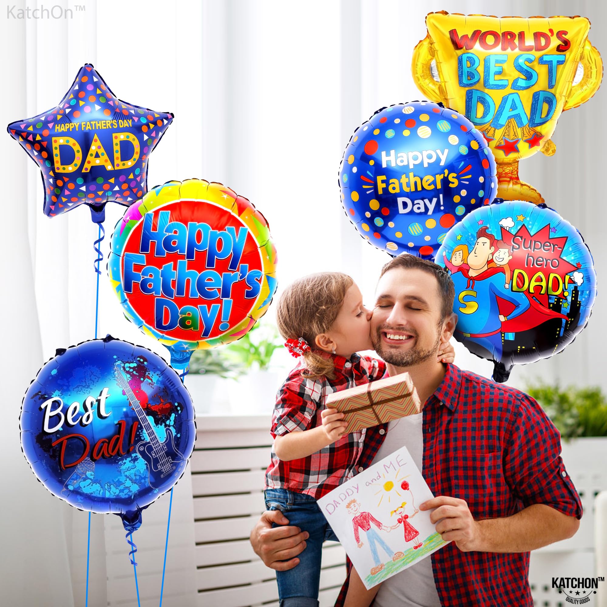 KatchOn Happy Father's Day Balloons - Pack of 10 Large Foil Balloons for Dad | Super Hero Dad & Trophy Balloons for Father's Day Party Decorations | Perfect for Backdrops, Home Decor, and Birthday Celebrations