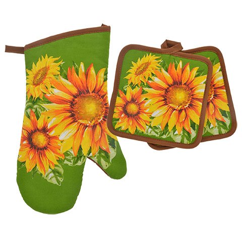 Sunflower Kitchen Set - 4-Piece Linen Potholder & Towel Set with Oven Mitt - Sunflower Decor for Farmhouse & Modern Kitchens - Perfect for Cooking, Baking & Home Decor