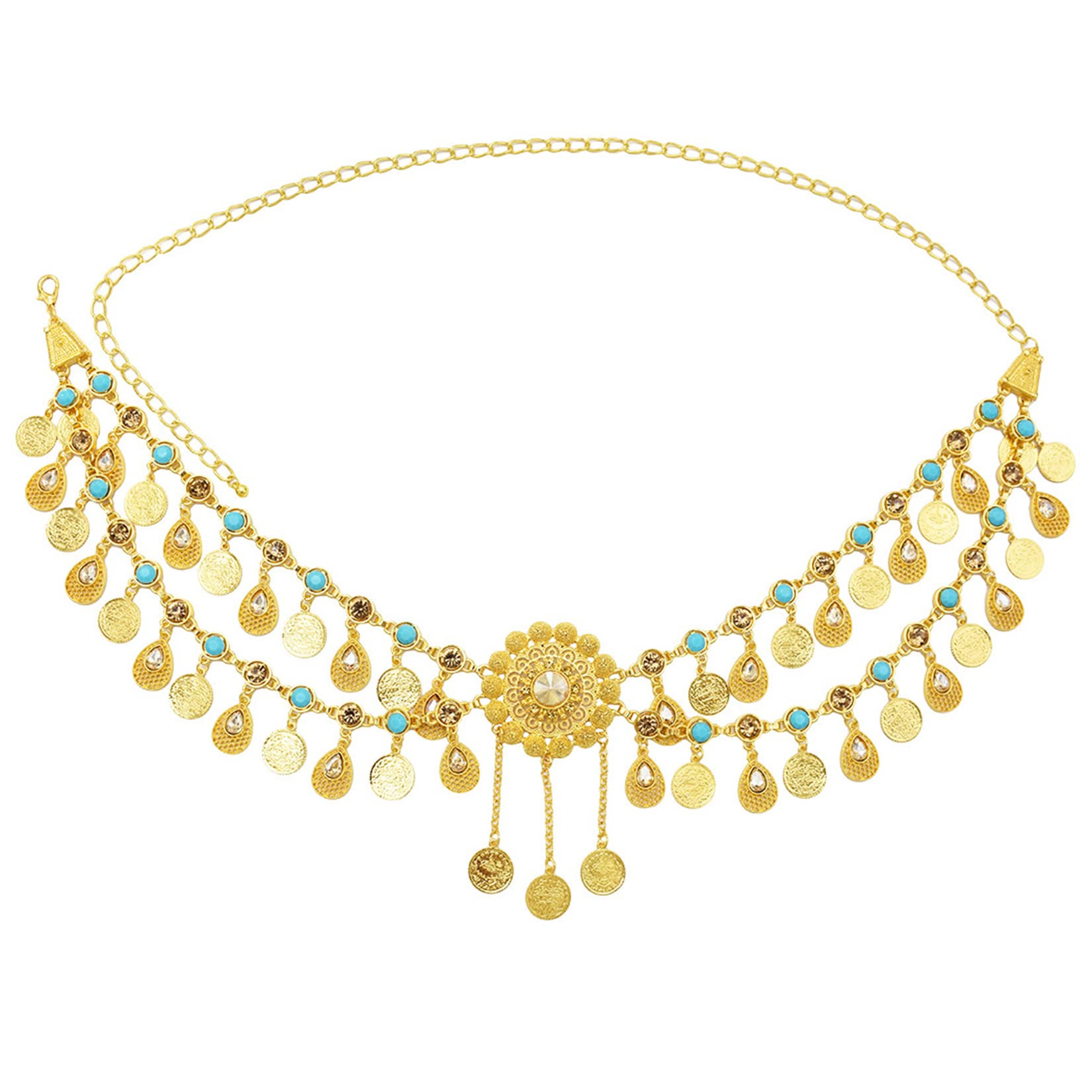 Qabinvoe 18K Gold Plated Diamond Coin Tassel Waist Chain - Belly Dance Body Jewelry, Beach Party Accessories for Women - Perfect for Festivals, Performances and Boho Style Outfits