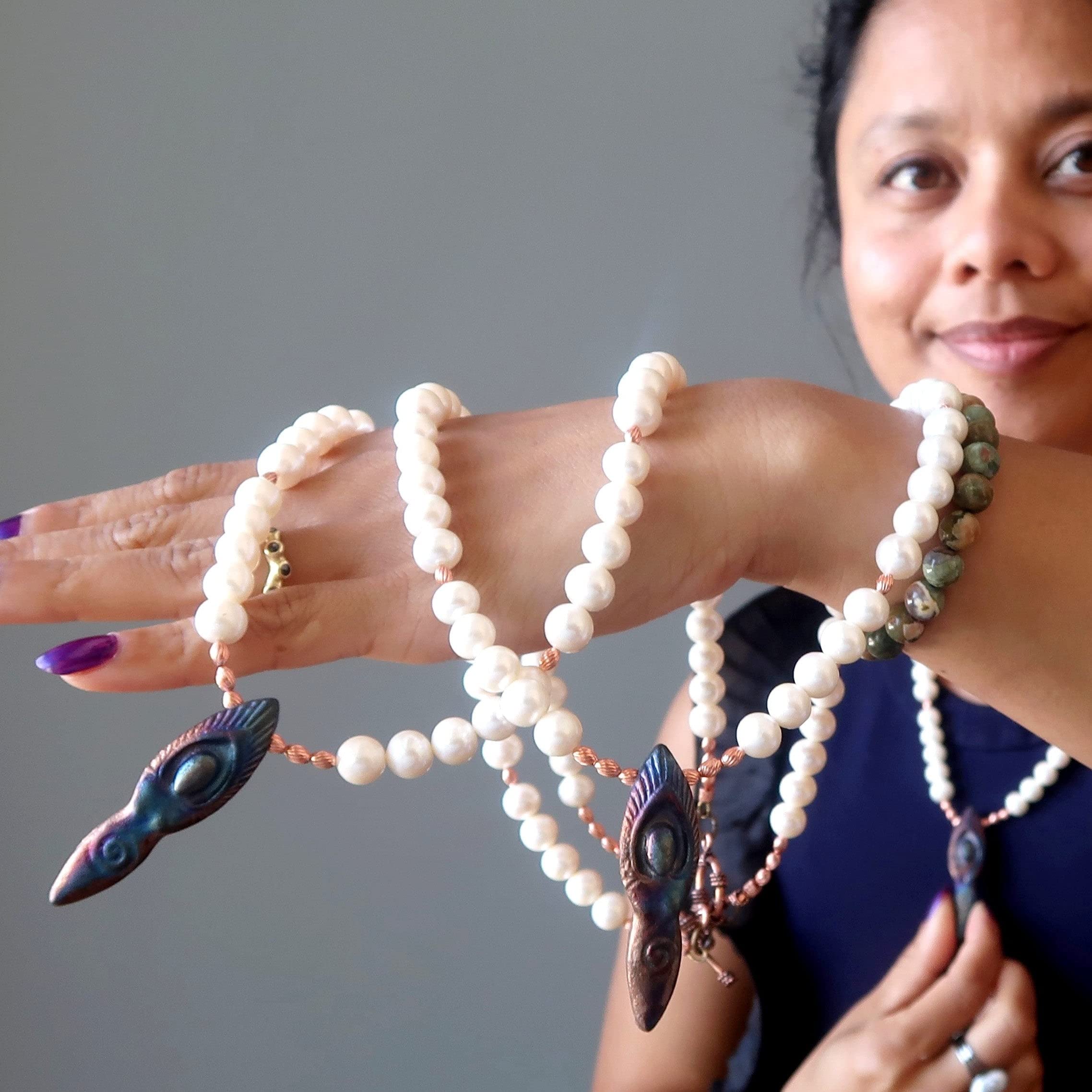 Rainbow Pearl Necklace with Satin Crystals - Elegant Goddess Jewelry for Women, Bridal Accessories, Party Wear & Special Occasions