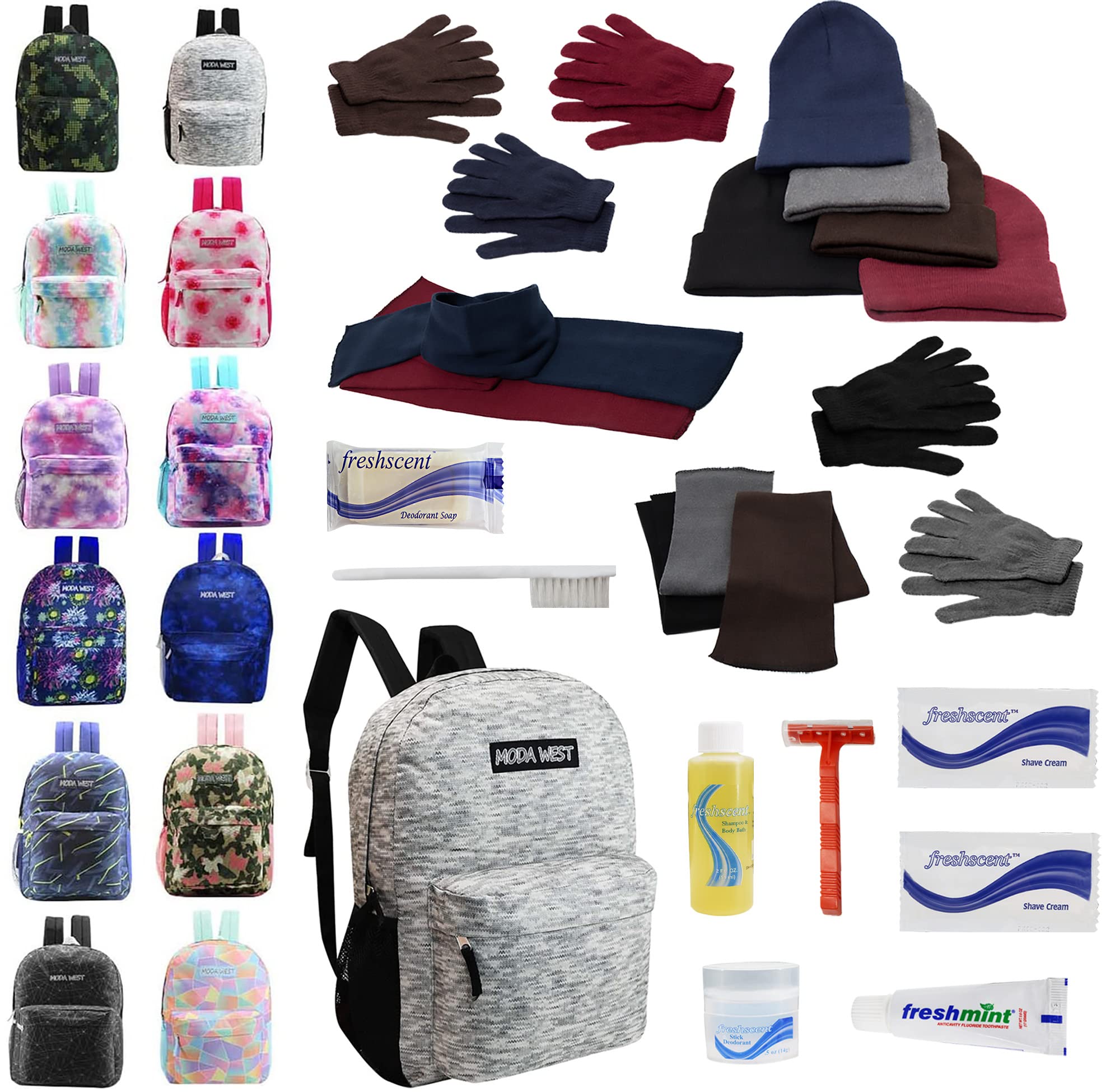 12-Pack Emergency Backpack Kits - Winter Clothing & Hygiene Supplies for Homeless Shelters, Disaster Relief, Charity Donations - Bulk Survival Kits for Camping, Travel & First Aid Preparedness