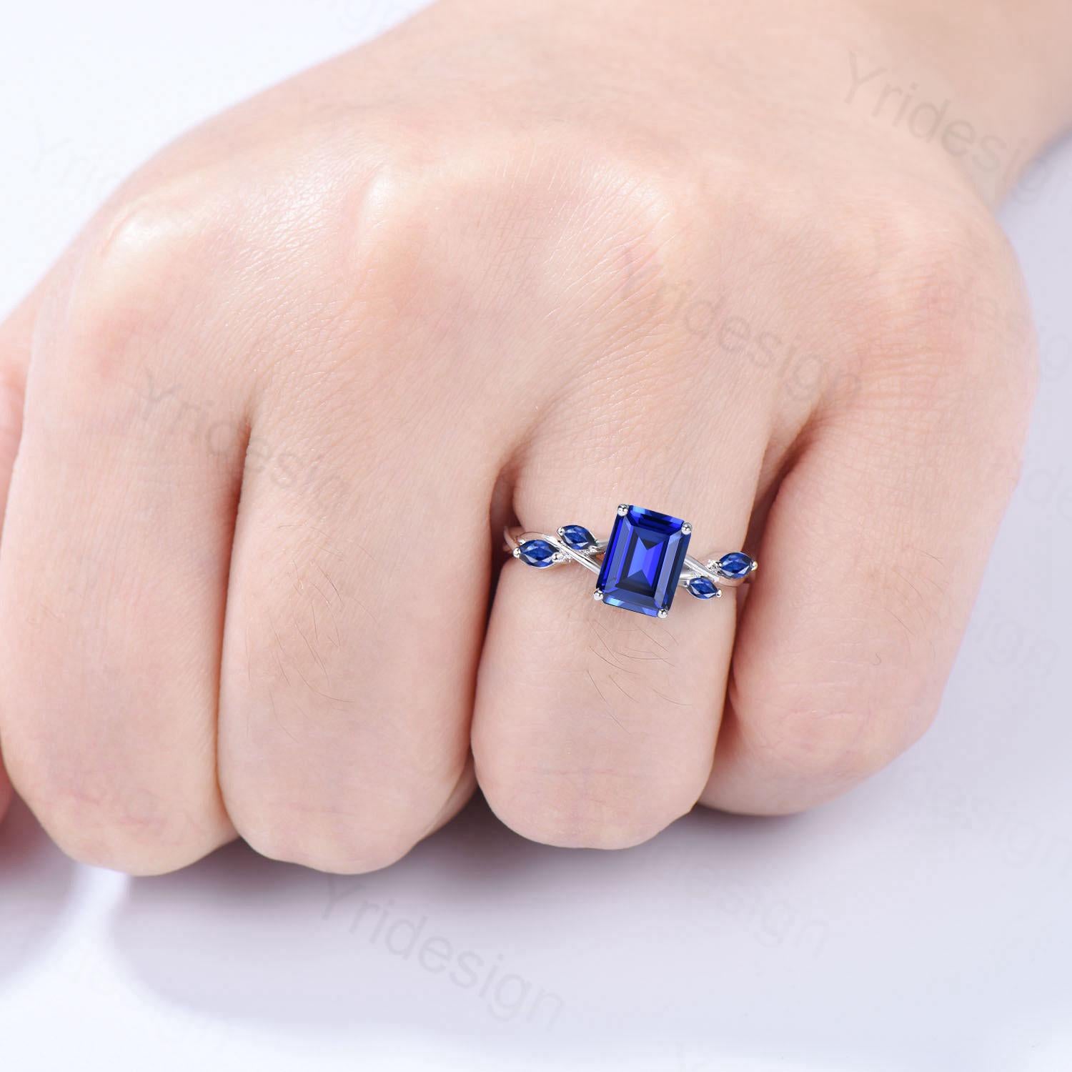 Blue Sapphire Engagement Ring - Emerald Cut Five Stone with Twig Vine Design, September Birthstone for Women | Perfect Anniversary Gift & Wedding Jewelry for Special Occasions