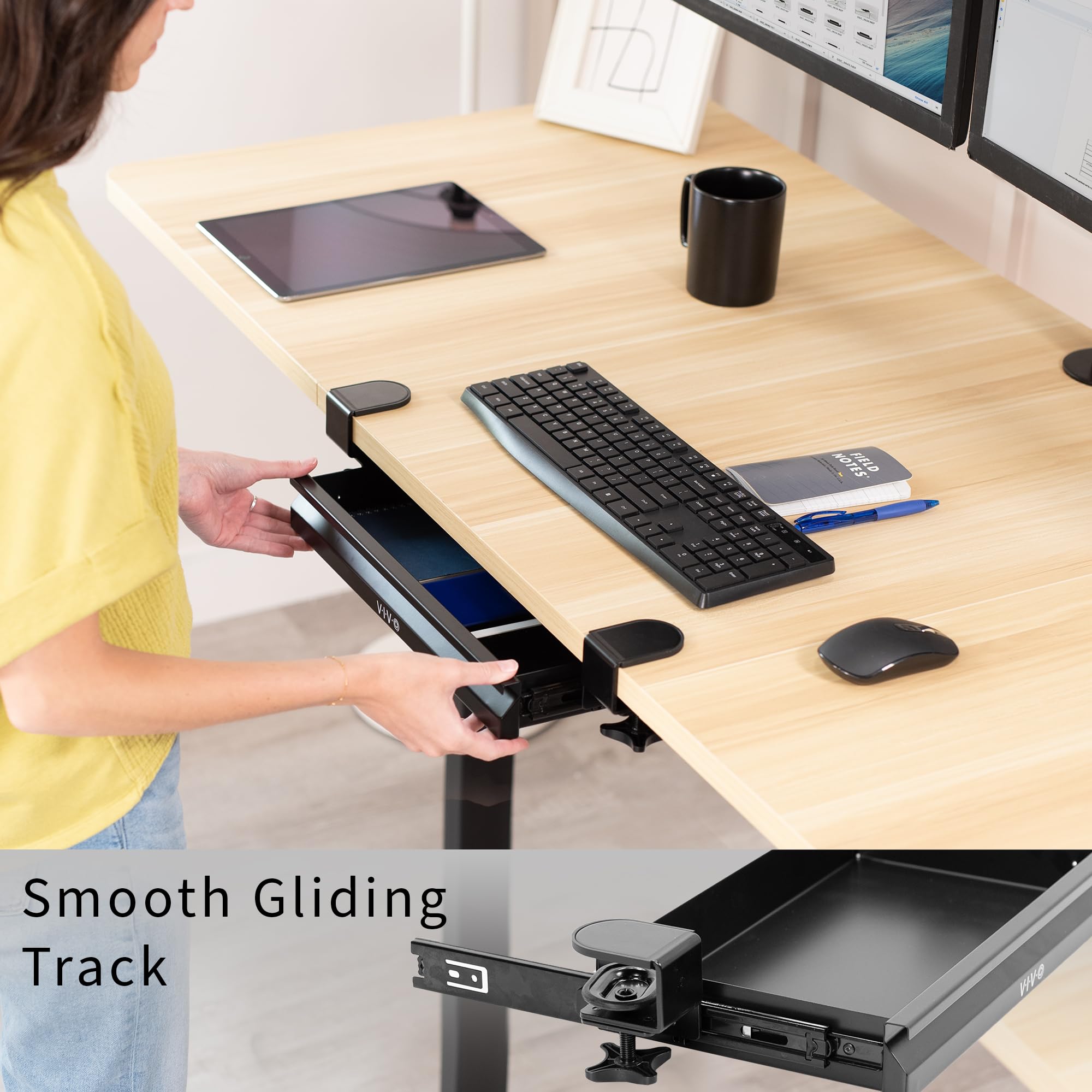 VIVO 16 Inch Under Desk Drawer Organizer - Black Clamp-On Sliding Storage Tray for Office & Standing Desks | Perfect for Storing Pens, Notebooks & Office Supplies Under Sit Stand Workstations