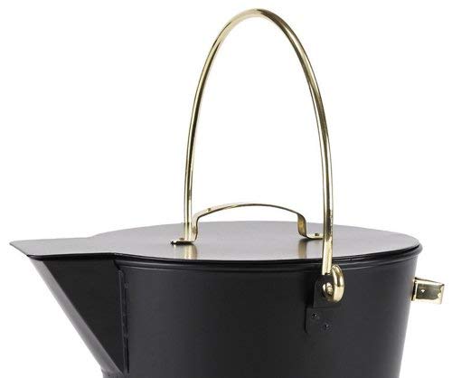 Fireplace Ash Can Bucket Pail - Black with Polished Brass Handle - Heavy Duty Metal Ash Bucket for Fireplace, Wood Stove, Campfire & BBQ Cleaning - Perfect for Home, Outdoor & Camping Use