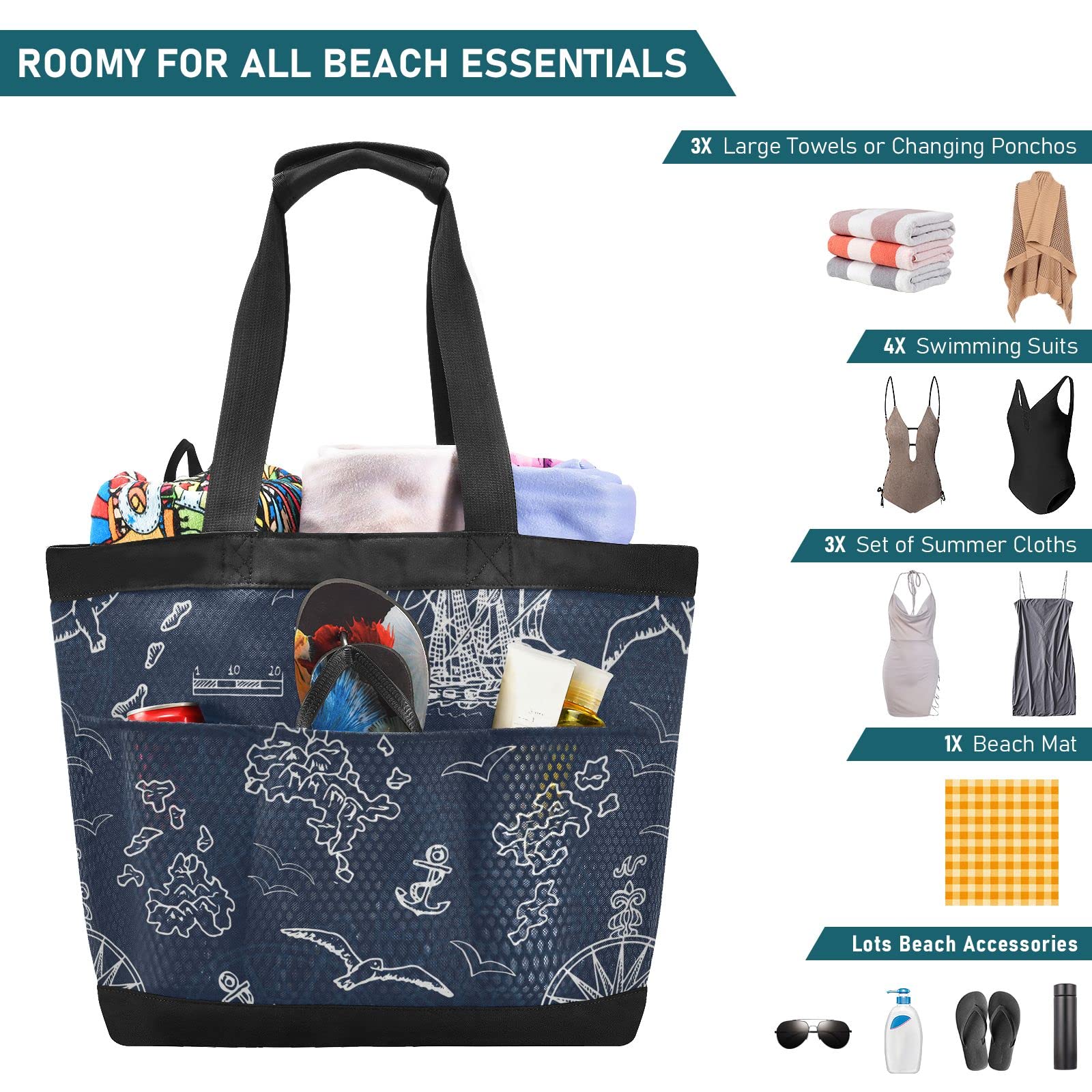 J JOYSAY Marine Nautical Ships Compass Mesh Beach Tote Bag - Large Waterproof Beach Bag for Women, Travel, Shopping & Gym - Perfect for Pool, Beach, Sports & Outdoor Activities