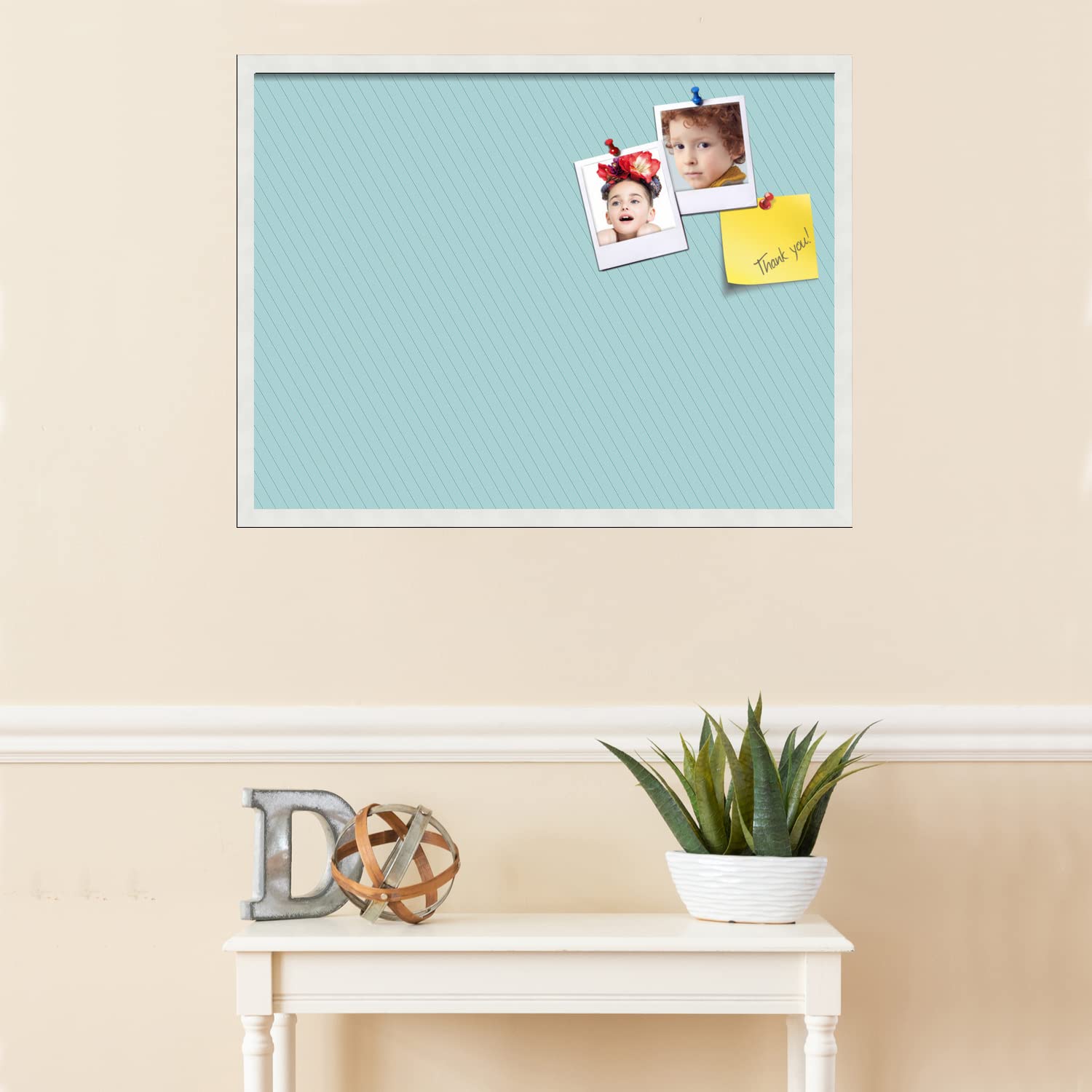 PinPix 32x24 Inch Cork Bulletin Board with Lux Stripes Aqua Design & Satin White Frame - Decorative Wall Memo Board for Home Office School Classroom Decor - Perfect for Notes, Photos & Reminders