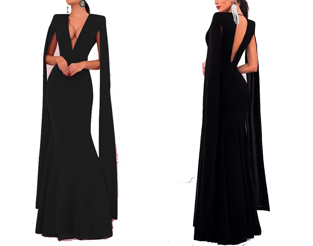 Elegant Women's Long Mermaid Evening Dresses with Cape Sleeve - Double V-Neck Formal Gowns for Prom, Wedding, and Black Tie Events | Perfect for Special Occasions and Red Carpet