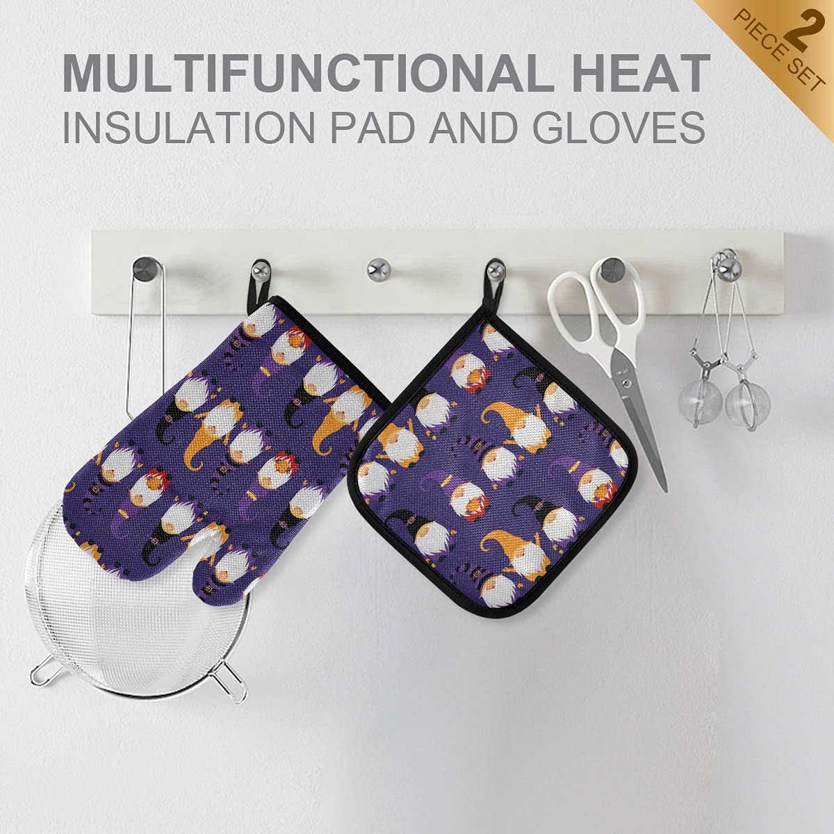 Halloween Gnomes Pattern Oven Mitts and Pot Holders Set - 2-Piece Non-Slip Heat Resistant Kitchen Gloves for Baking, Cooking, BBQ - Fall Pumpkin Decor for Home & Kitchen Use