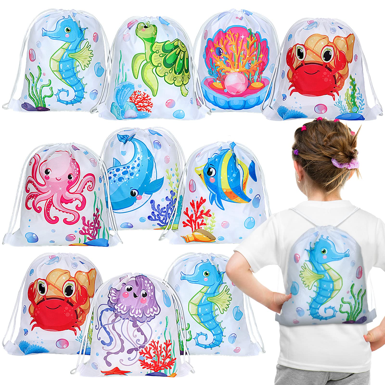 16 Pack Ocean Theme Party Favor Bags - Reusable Sea Animal Drawstring Goodie Bags for Kids Birthday, Underwater Party Decorations (11.8