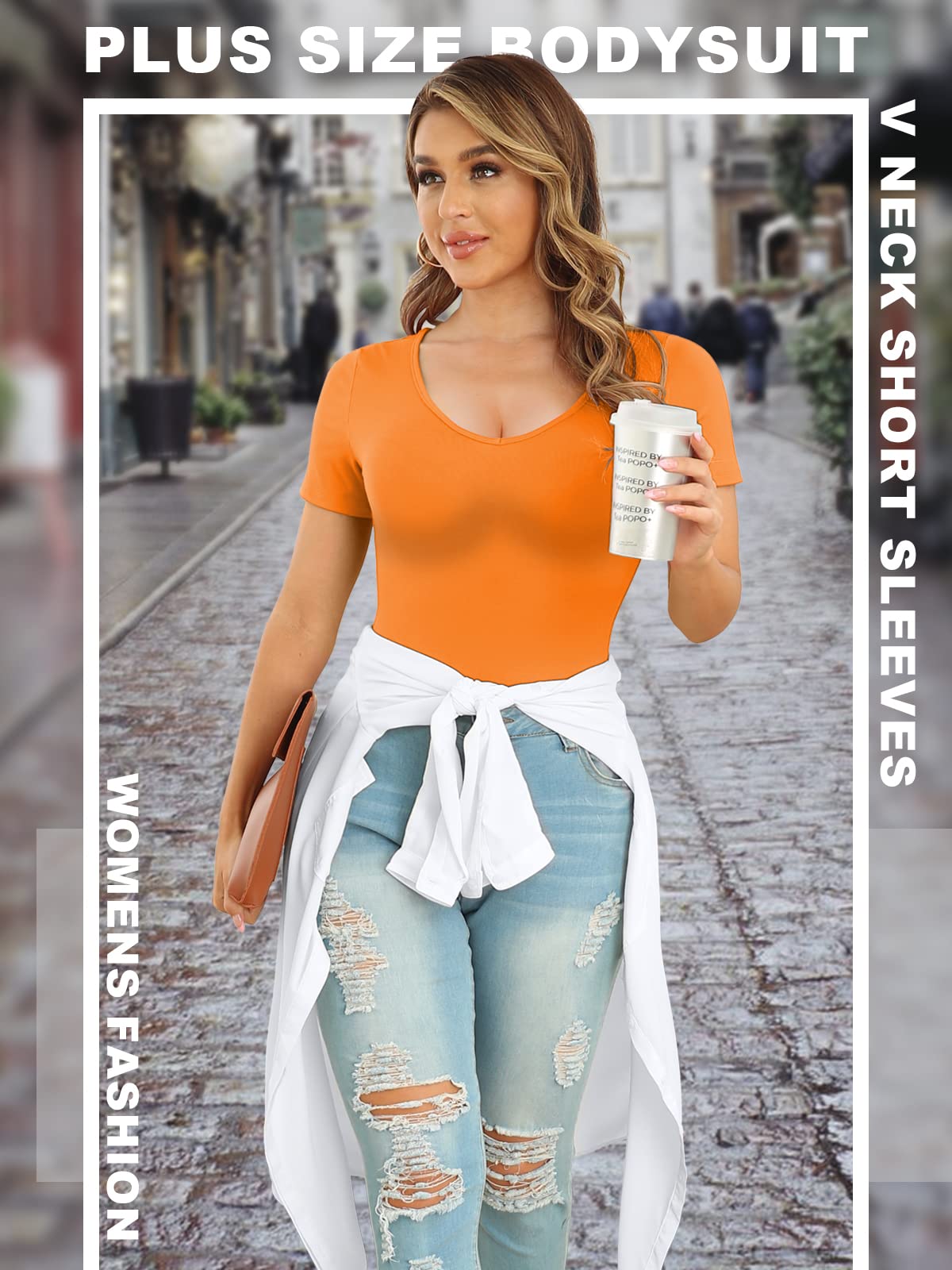 POSESHE Women's Plus Size V-Neck Short Sleeve Bodysuit - Casual Basic T-Shirt Style Jumpsuit for Everyday Wear | Perfect for Layering, Office, and Weekend Outfits