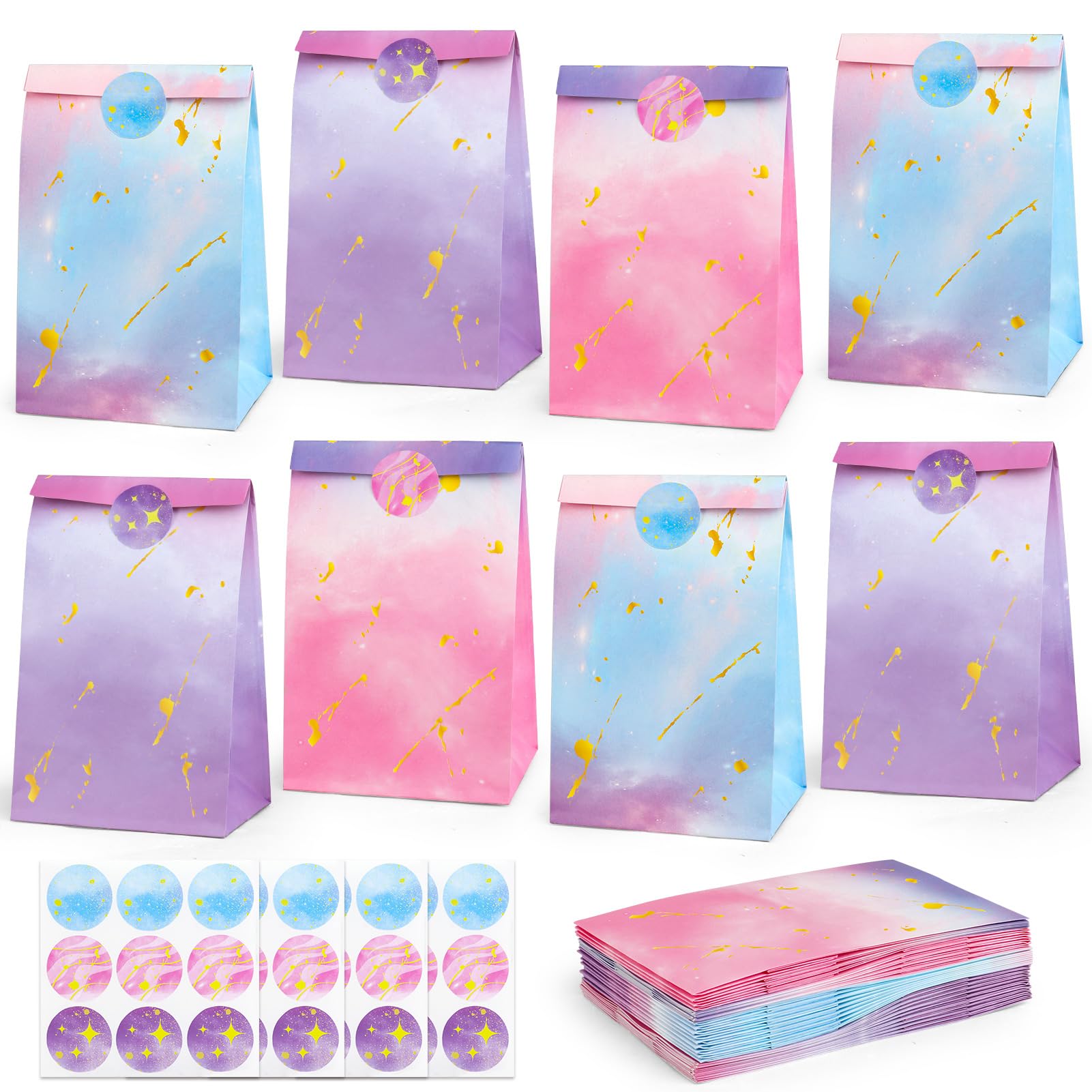 HEJIN 30PCS Tie Dye Party Favor Bags with Stickers - Pink & Purple Mermaid Unicorn Gift Bags for Girls Birthday Party, Baby Shower, Halloween, Wedding Favors | Perfect for Kids Party Supplies, Goodie Bags, Celebration Decorations and Festive Events