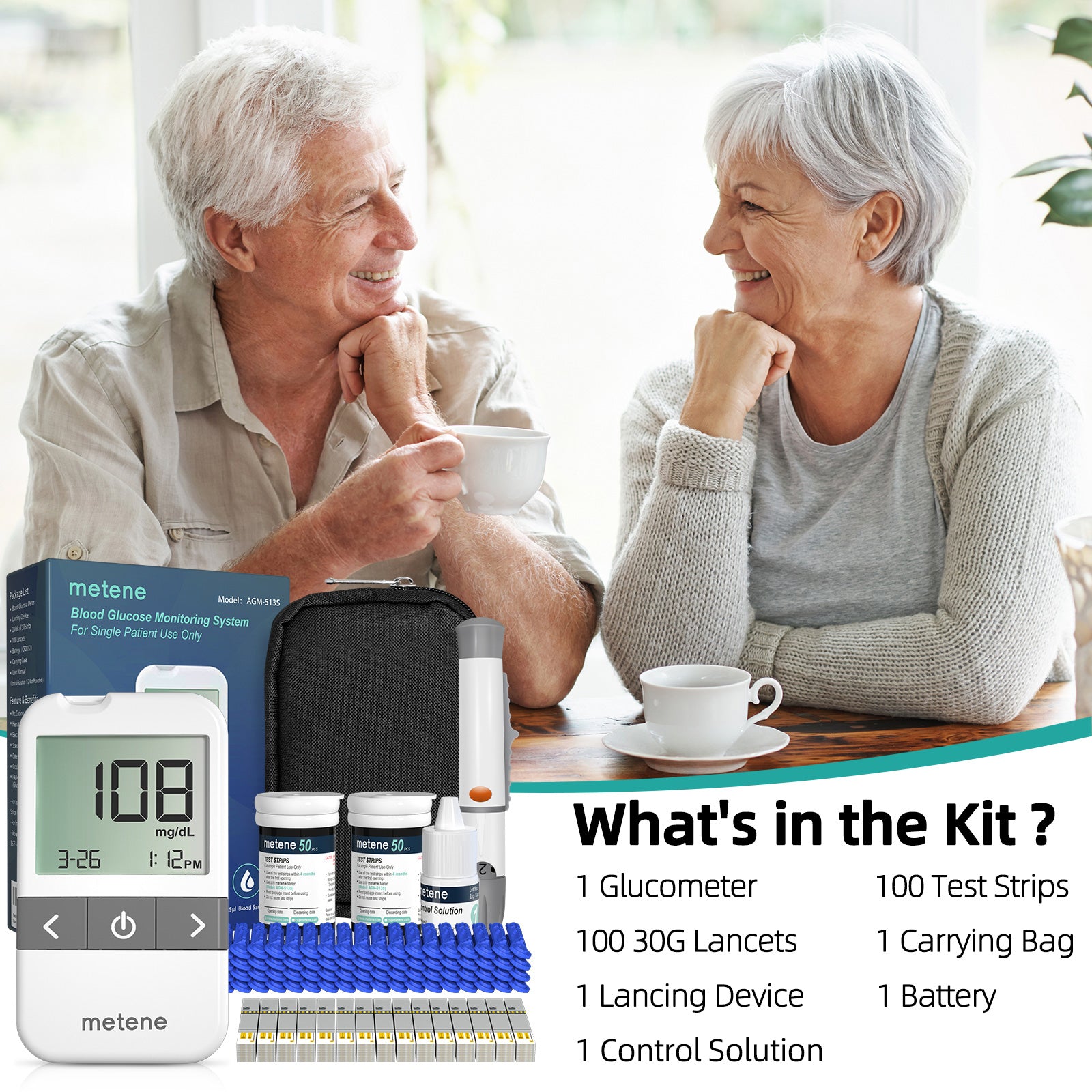 Metene AGM 513S Blood Glucose Monitor Kit - 100 Test Strips, 100 Lancets, Lancing Device, Control Solution & Travel Case - No Coding Required - Ideal for Diabetes Management at Home & On-The-Go