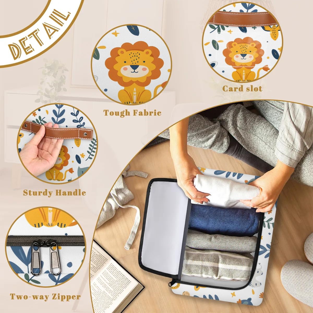2-Pack Stackable Lion Print Storage Bins with Zipper Lid & Metal Frame - PU Handled Closet Organizer Cubes for Clothes, Toys, Blankets | Bedroom, Nursery, Playroom Storage Solution