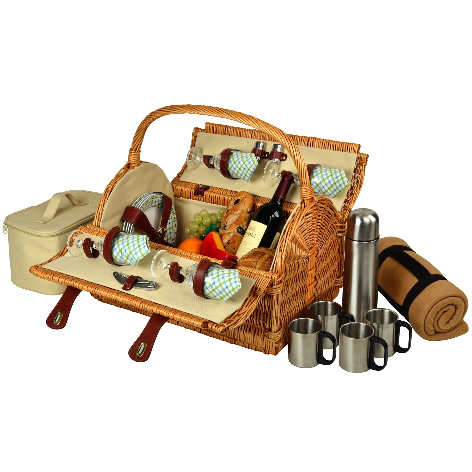 Premium Yorkshire Willow Picnic Basket for 4 with Blanket & Coffee Set - Elegant Outdoor Dining for Parks, Beaches & Garden Parties