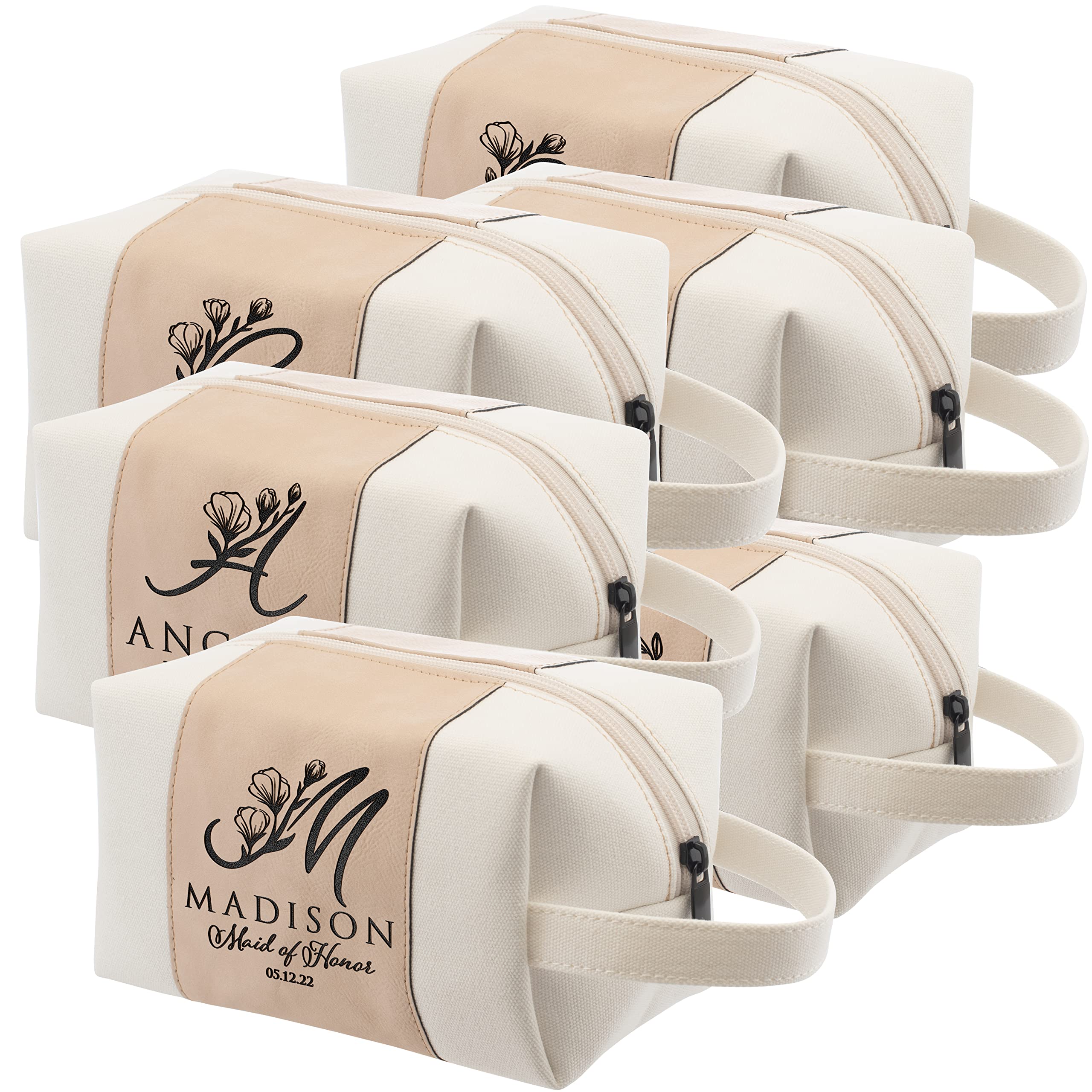 Personalized Toiletry Bag Set of 6 for Women - Custom Bridesmaid Gifts with Name, Title & Date - 3 Designs & 4 Colors (Rose Gold) - Perfect for Bridal Showers, Bachelorette Parties & Travel Essentials