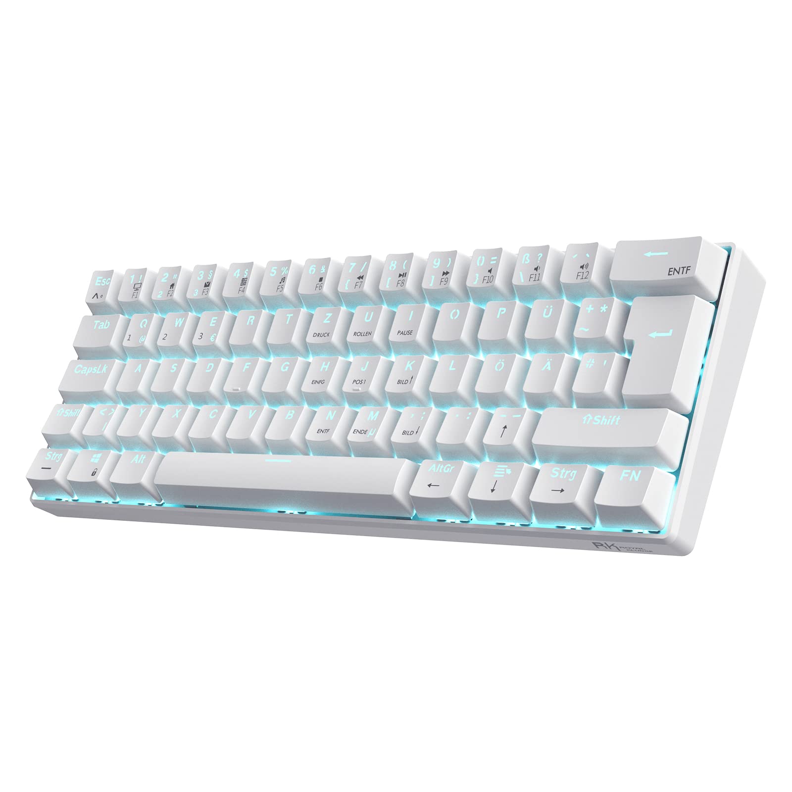 RK ROYAL KLUDGE RK61-DE 60% Wireless Mechanical Gaming Keyboard - Bluetooth/2.4GHz/USB-C Wired, Hot-Swappable Brown Switches, 61 Keys, White, QWERTZ Layout for Windows/Mac - Perfect for Gaming, Office Work & Programming