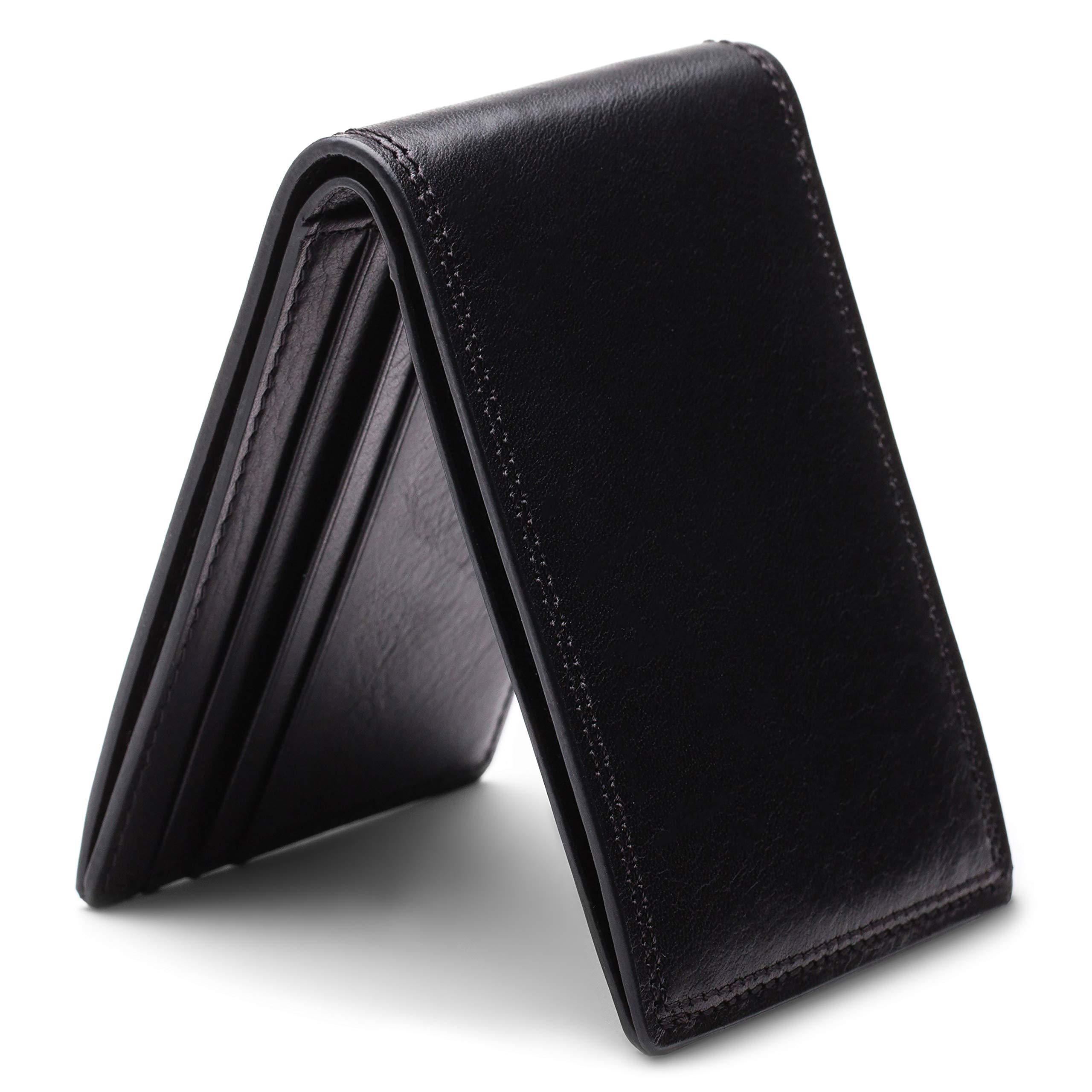 Bosca Men’s Genuine Leather Slim Bifold Wallet - RFID Blocking - Black - Perfect for Everyday Carry & Travel Essentials