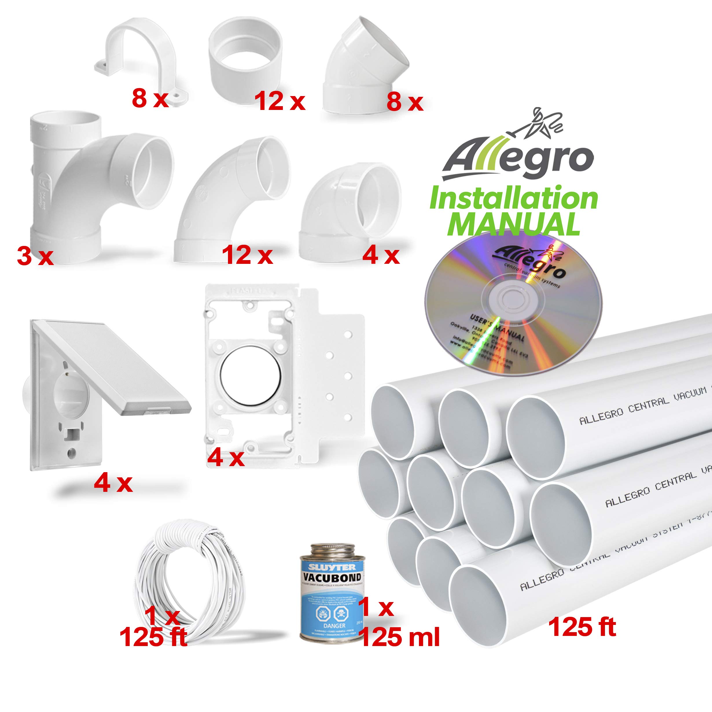 Central Vacuum 4-Inlet Installation Kit with 100 Feet of Pipe - Complete All-in-One Box for Easy Whole House Vacuum System Setup | Perfect for Home Renovation & Cleaning