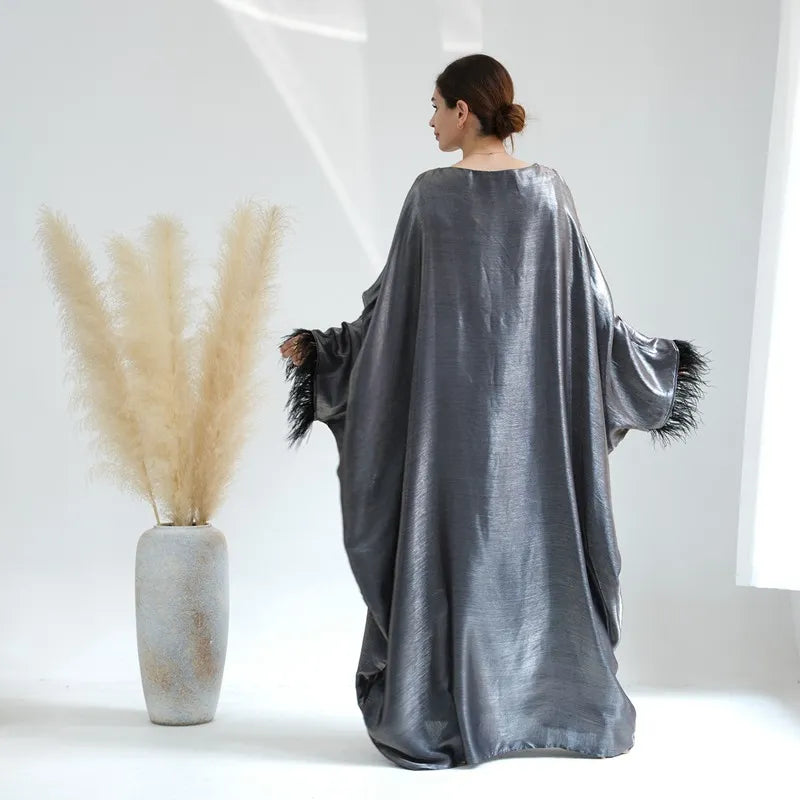 Elegant Muslim Women's Feather Sleeve Abaya Dress - Soft Nylon Cotton Blend - Perfect for Prayer, Eid Celebrations & Modest Fashion