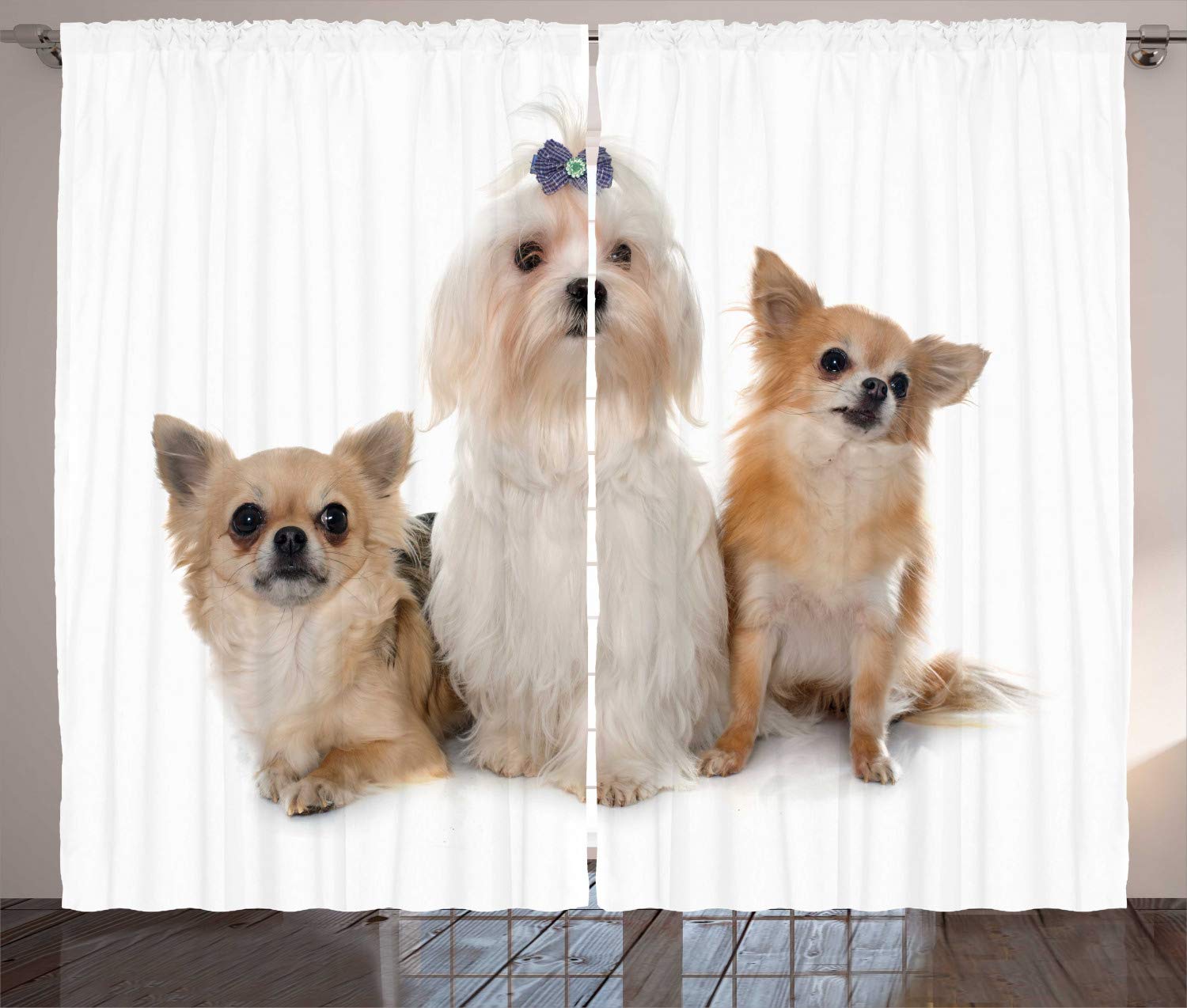 Ambesonne Puppy Curtains - Chihuahua & Maltese Dog Breed Design, 2-Panel Window Drapes 108x63 Inches, Pale Brown & White - Perfect for Living Room & Bedroom Decor | Pet Lover Home Accessories | Dog-Themed Interior Design