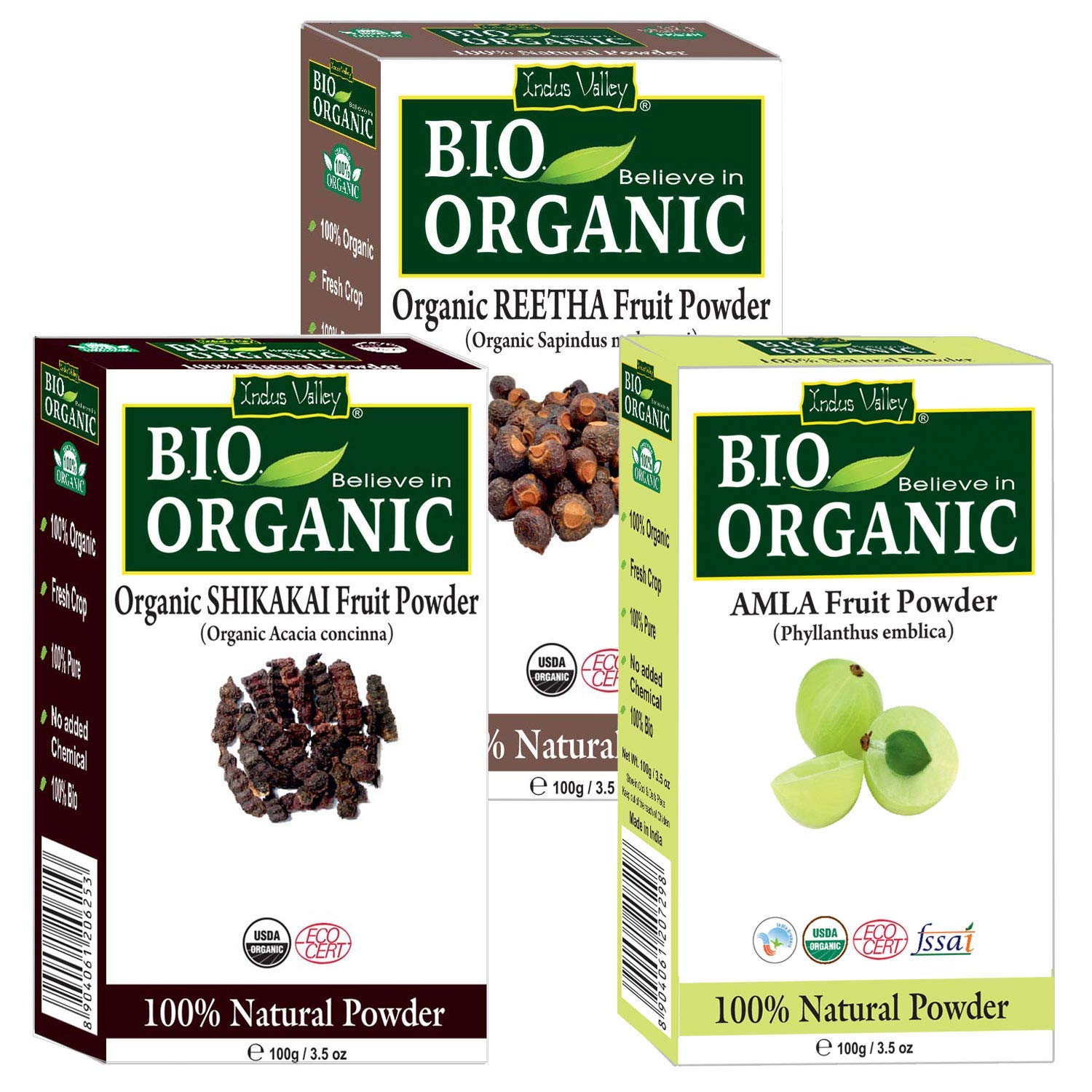 Indus Valley 100% Organic Hair & Skin Care Combo - 3 Pack Amla, Shikakai & Reetha Powder for Natural Hair Conditioning & Scalp Care | Ayurvedic Treatment for Shiny Hair Growth | Perfect for DIY Hair Masks & Natural Beauty Routines