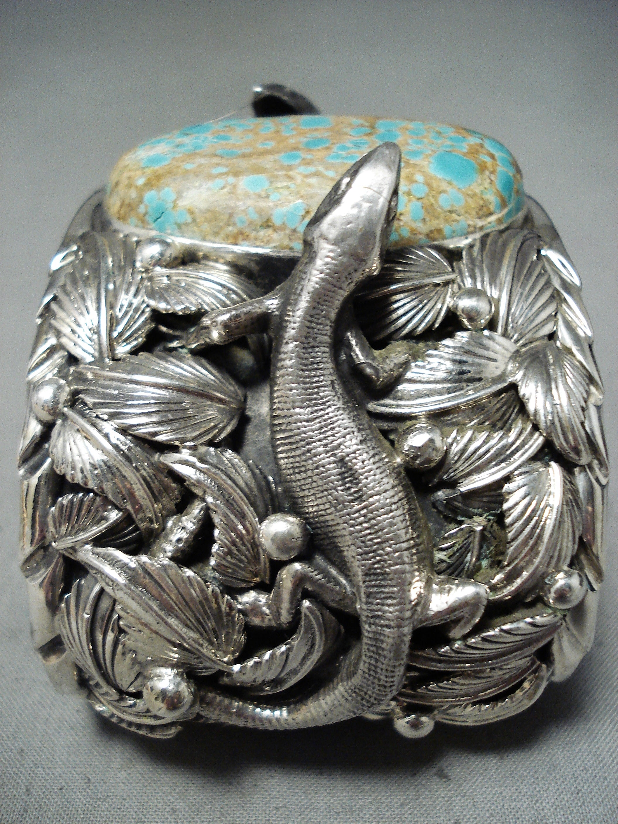187 Grams San Felipe 8 Turquoise Sterling Silver Gecko Bracelet - Handmade Southwest Jewelry for Women, Boho Style Gift for Her - Perfect for Festivals, Casual Wear & Spiritual Healing
