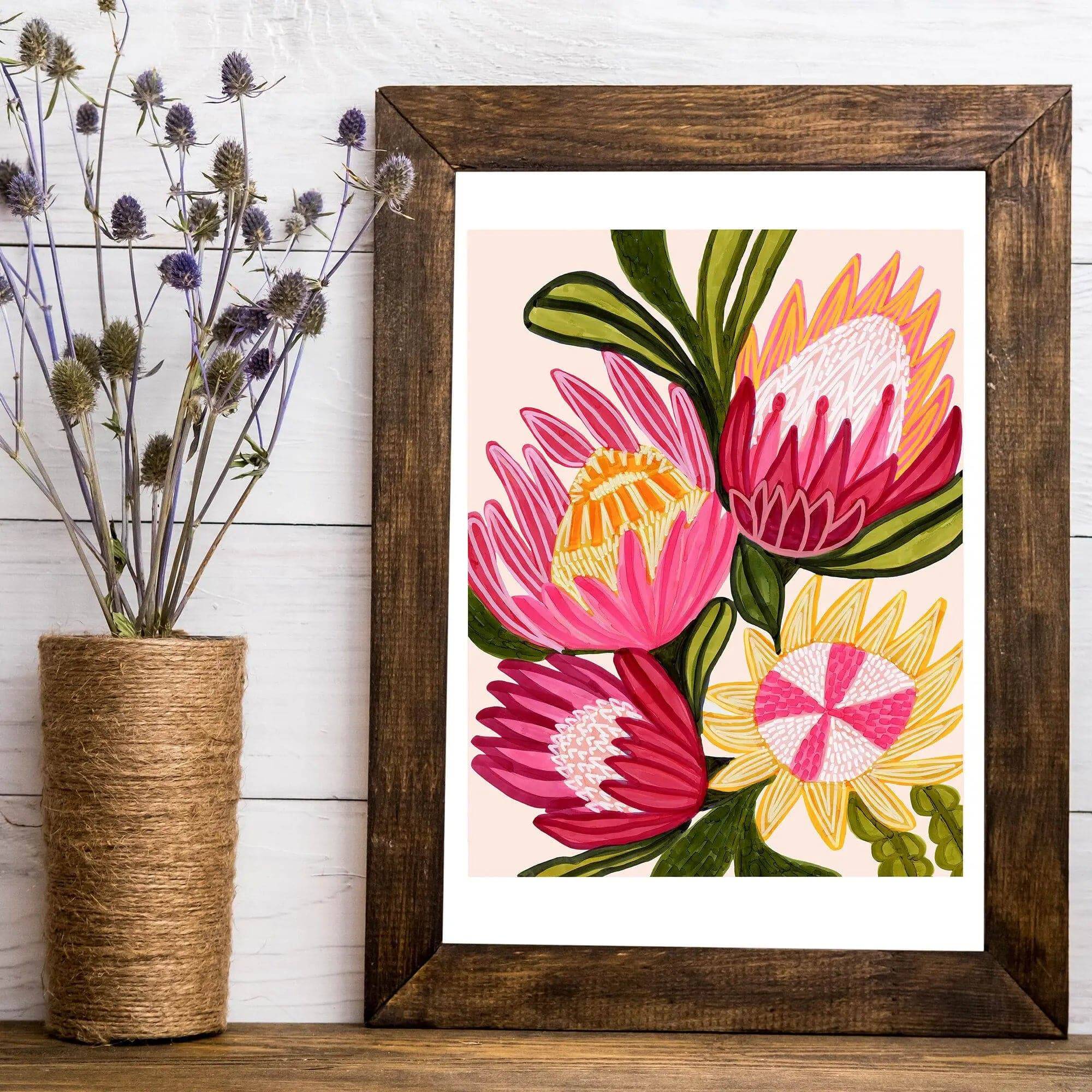 King Red Protea Flowers Wall Art Giclee Print - Premium Botanical Home Decor for Living Room, Bedroom & Office