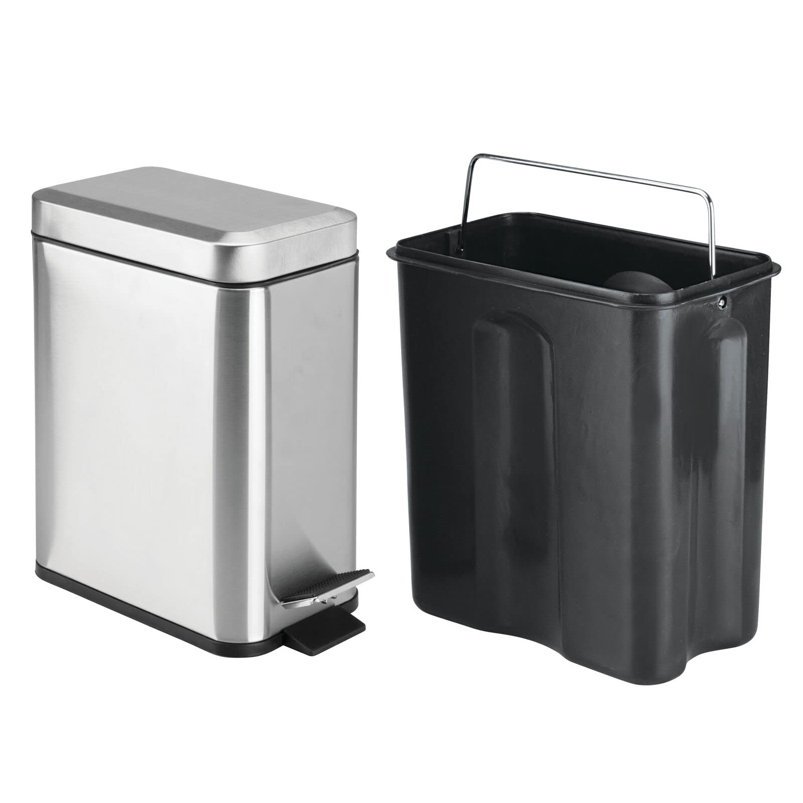 mDesign Rectangular Step-Open Wastebasket Trash Can - Brushed Stainless Steel Garbage Bin for Kitchen, Bathroom, Office & Home Use