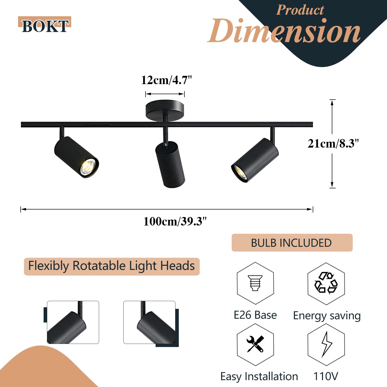 BOKT Modern Matte Black 3-Light Adjustable LED Track Lighting Kit - Industrial 3-Way Flush Mount Ceiling Spotlight Fixture for Living Room, Kitchen & Retail Stores