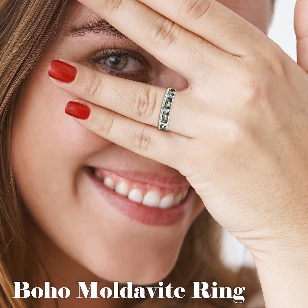 925 Sterling Silver Moldavite & White Zircon Half Eternity Ring for Women - Platinum Plated Wedding Band, Promise Jewelry & Birthday Gift - Perfect for Engagements, Anniversaries and Special Occasions