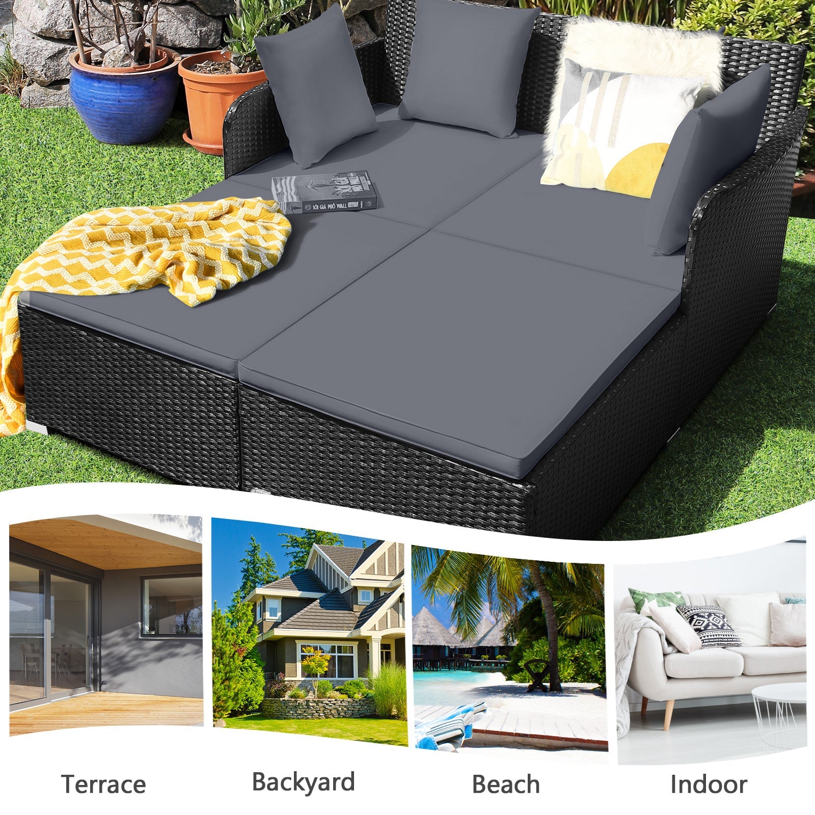 Premium Outdoor Rattan Daybed with Comfortable Upholstered Cushions & Pillows - Gray Patio Furniture for Poolside Lounging, Garden Relaxation, and Backyard Decor