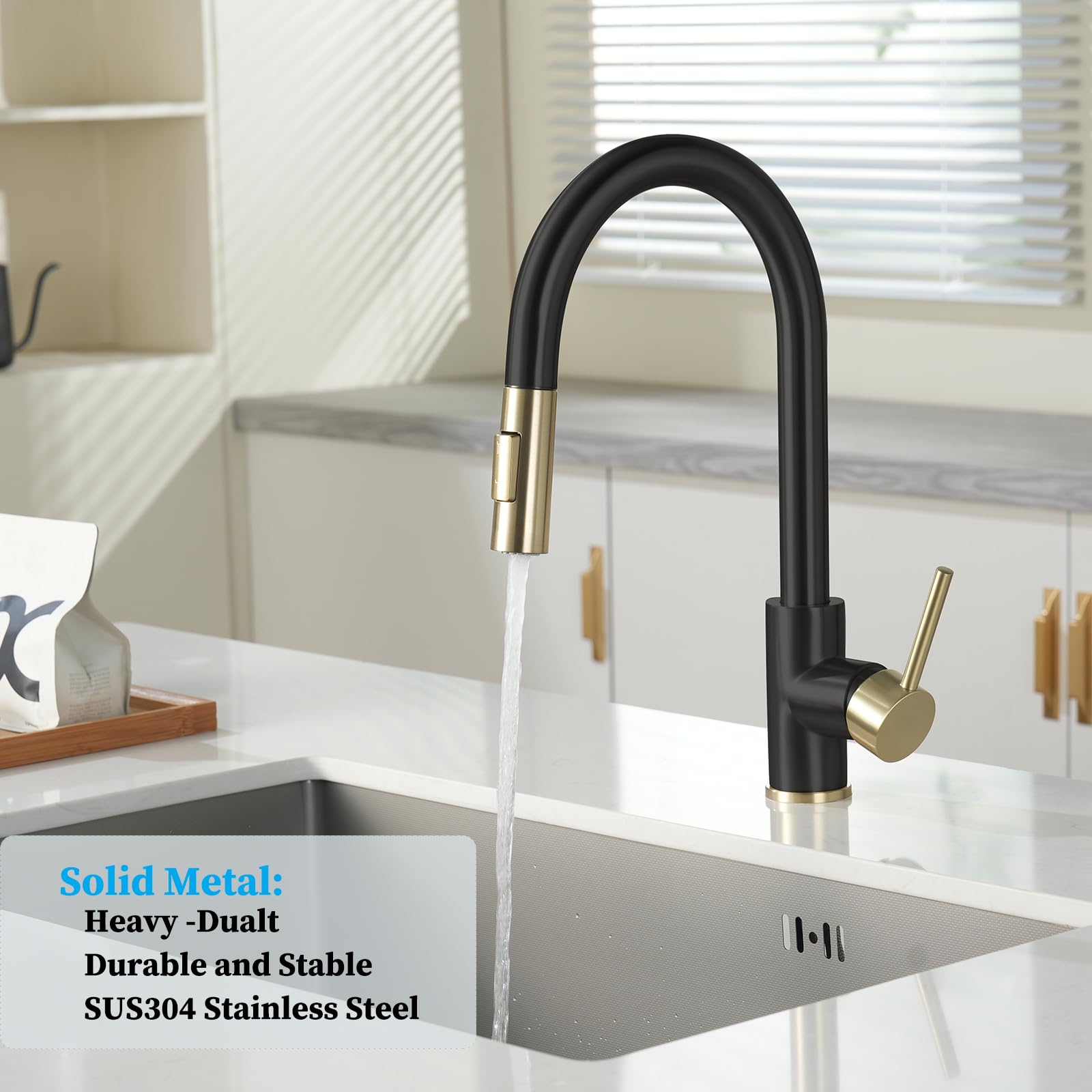 Premium Gold & Black High Arc Kitchen Faucet with Pull Down Sprayer - Stainless Steel Construction, cUPC Ceramic Cartridge - 1 Hole Installation (No Deck Plate) - Perfect for Kitchen Sink & Laundry Sink (Model HV501GB) | Modern Upgrade for Cooking, Dishwashing & Household Cleaning