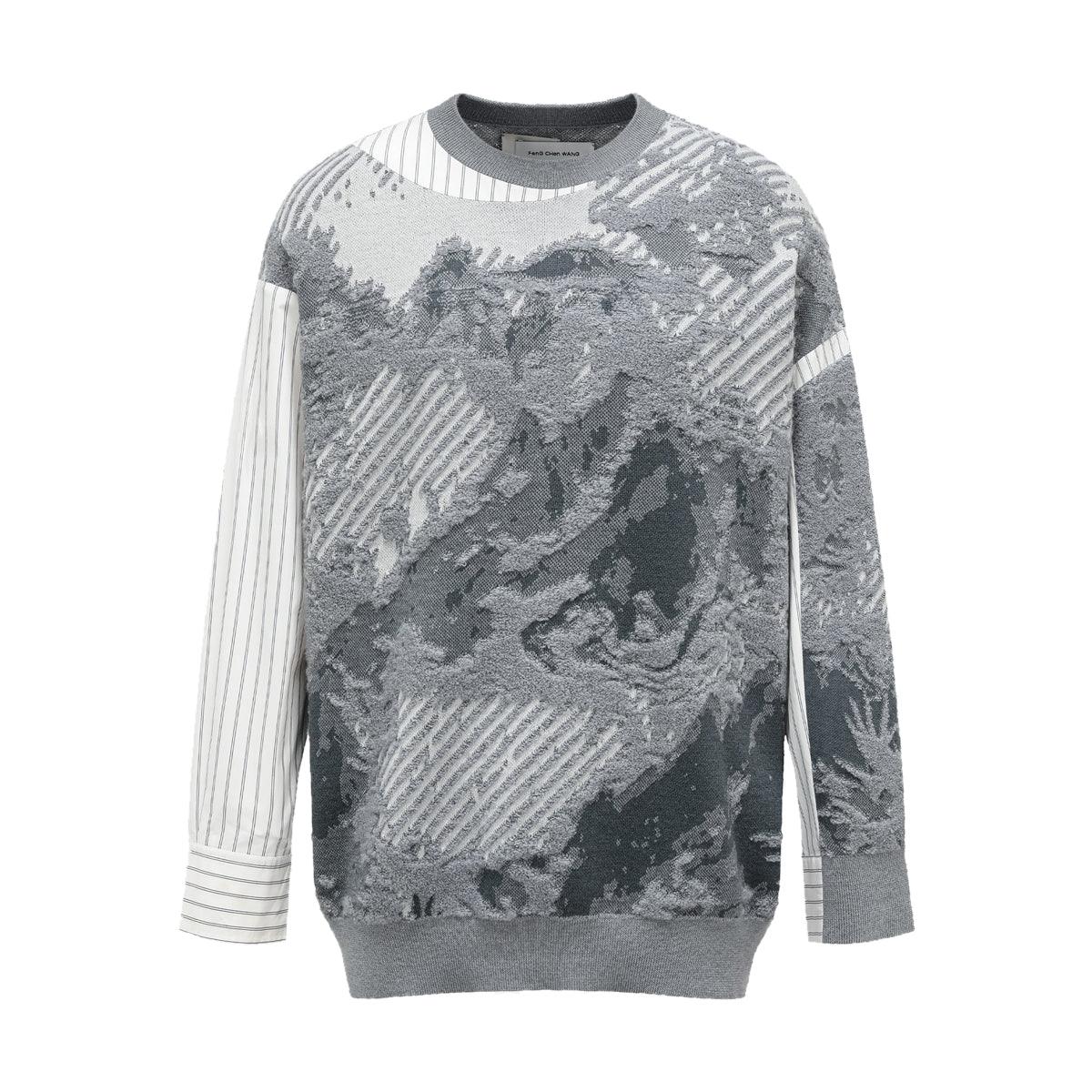 Stylish Grey Jacquard Jumper with Landscape Painting Design - Perfect for Casual Outfits, Office Wear & Autumn Fashion