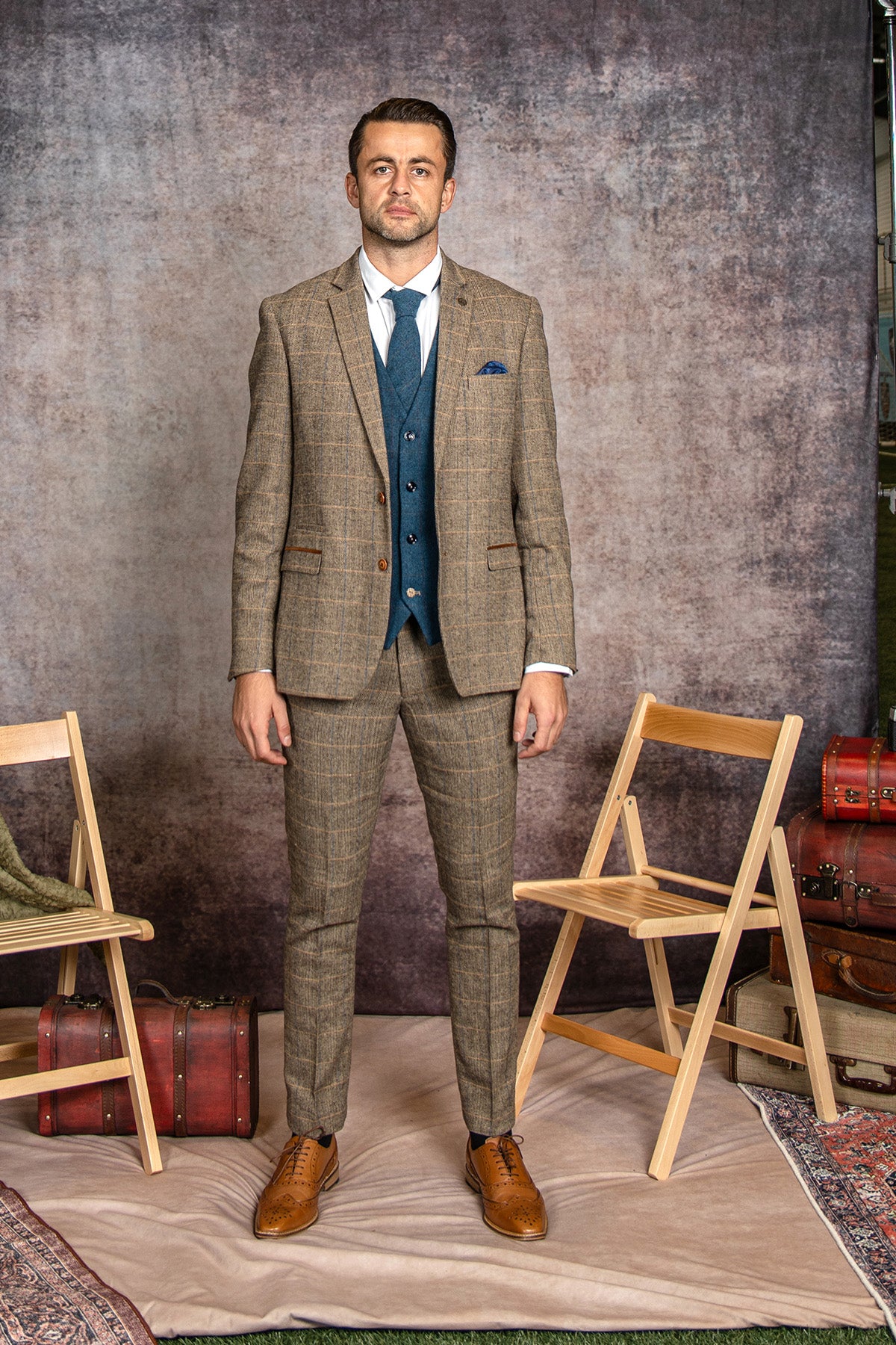 Elegant TED Tan Tweed Suit with Dion Waistcoat - Premium Men's Formal Attire for Weddings, Business Meetings & Special Occasions