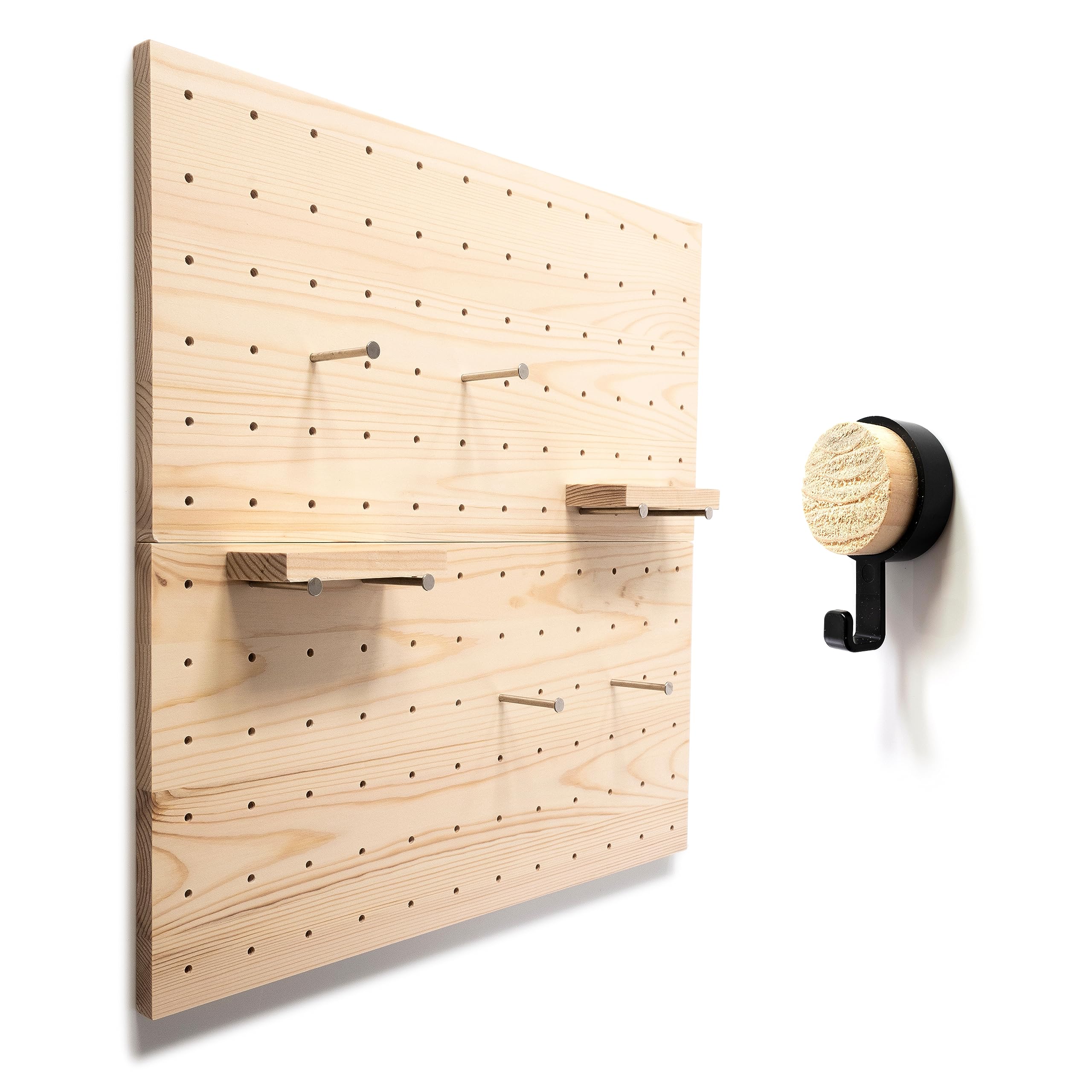 Modular Wooden Pegboard Wall Organizer with 2 Shelves, 2 Boards & 8 Pegs - Space Saving Storage Solution for Kitchen, Garage, Office & Dorm - Includes 3 Wall Hooks - Perfect for DIY Projects, Tool Organization & Home Decor Display