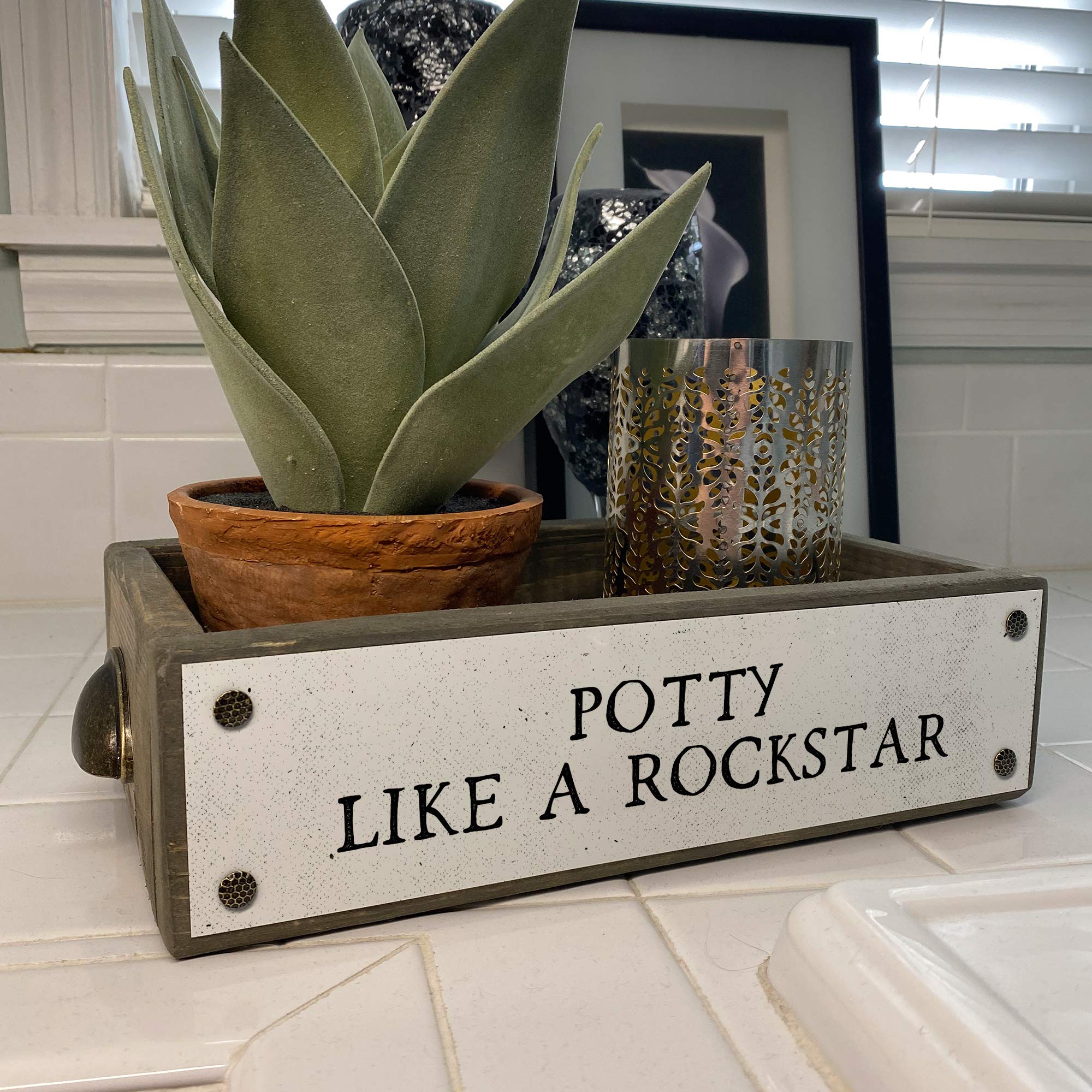 ANVEVO Potty Like A Rockstar - Rustic Farmhouse Wooden Toilet Paper Holder & Diaper Caddy - Funny Bathroom Decor Box with Sayings - Perfect for Nursery, Farmhouse Style Bathrooms & Gift Ideas