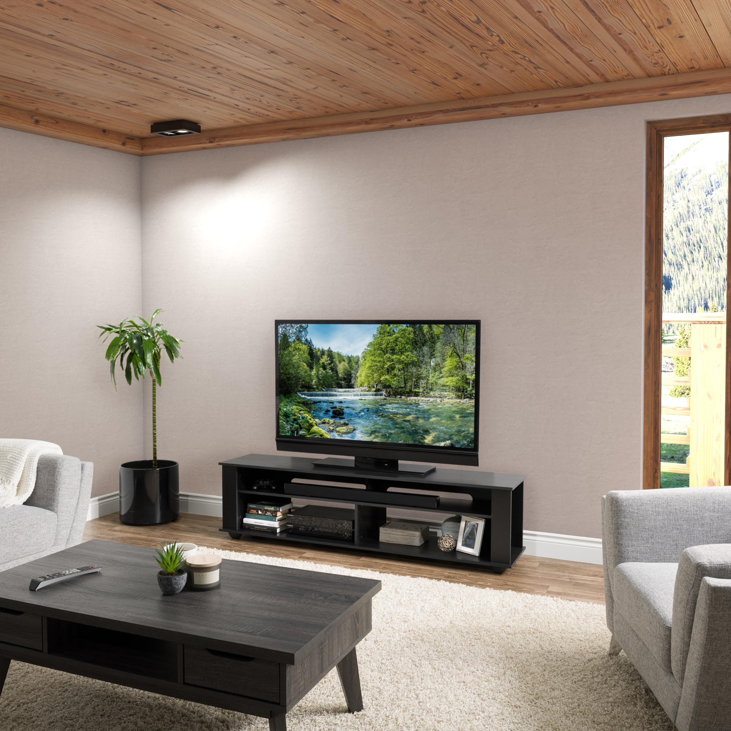 CorLiving Bakersfield Black Engineered Wood TV Stand with Open Shelves & Sound Bar Space - 85 Inch Entertainment Center for Living Room, Bedroom & Home Theater