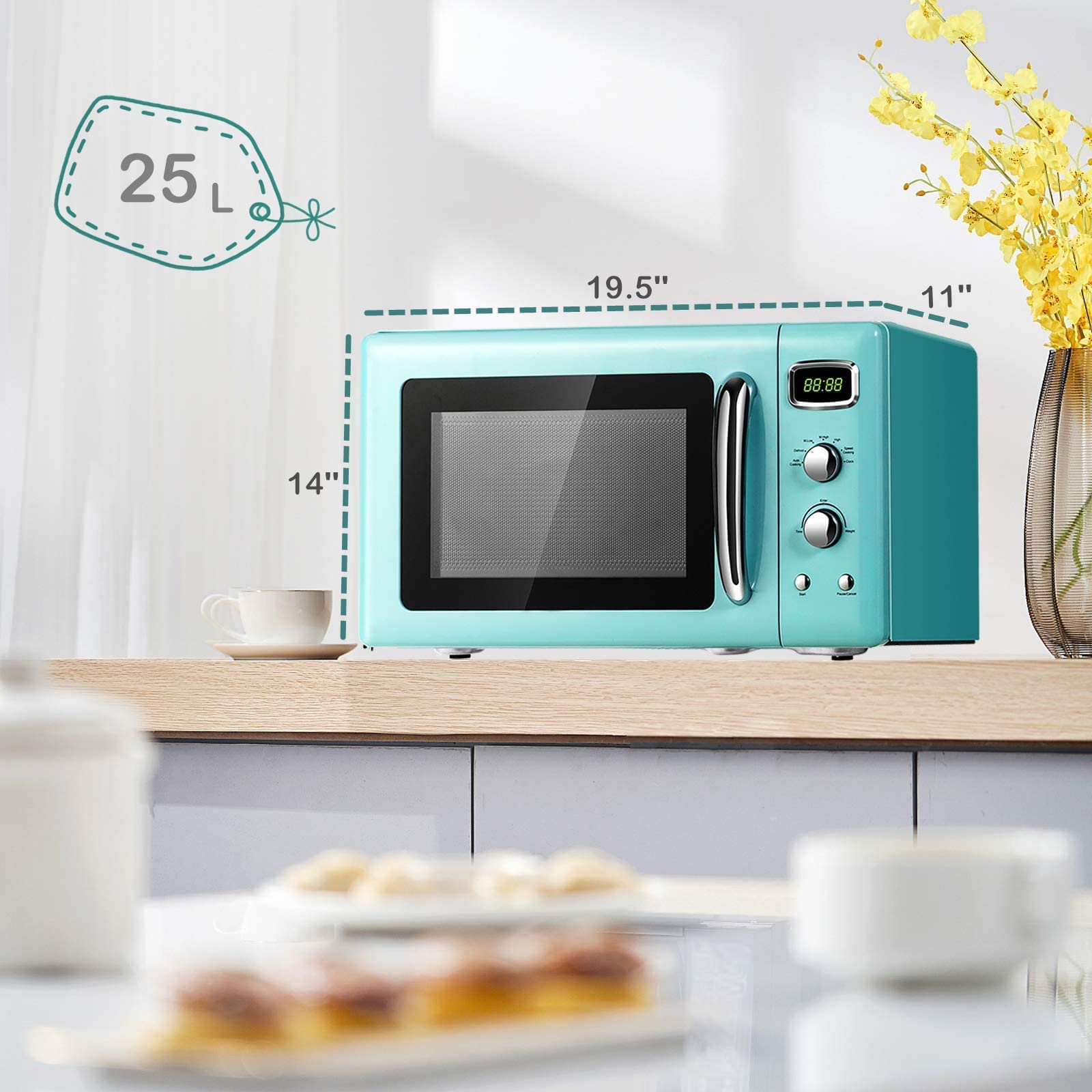 ARLIME Retro Microwave Oven 900W - 0.9 Cu.Ft Compact Countertop Microwave with Defrost, Auto Cook & Child Lock - Stainless Steel Interior, LED Display, Pull Handle - ETL Certified - Perfect for Small Kitchens, Dorms & Offices