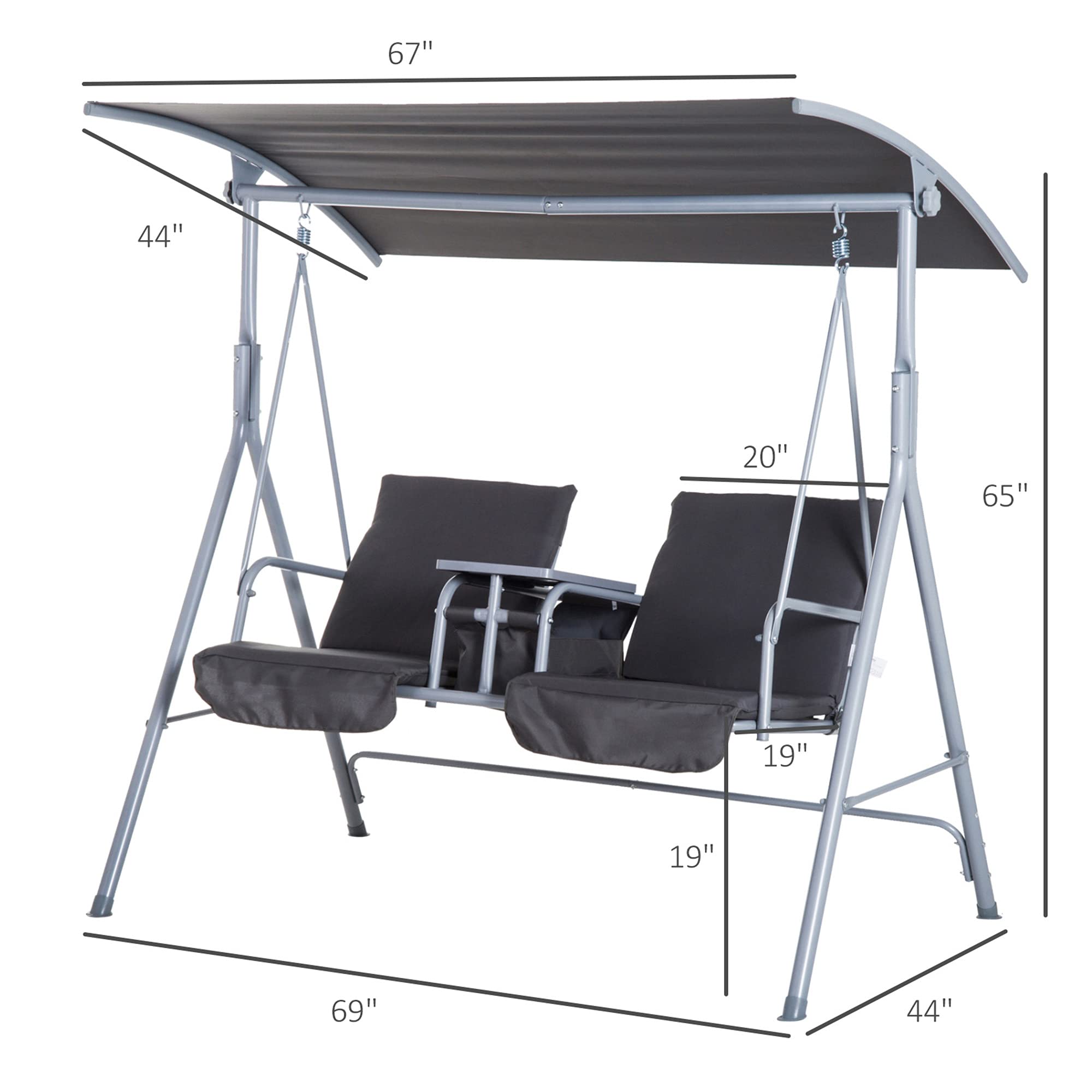 Outsunny 2-Person Outdoor Porch Swing with Stand & Canopy - Patio Swing Chair with Pivot Storage Table, 2 Cup Holders & Cushions - Perfect for Backyard, Garden, Deck Relaxation (Gray)