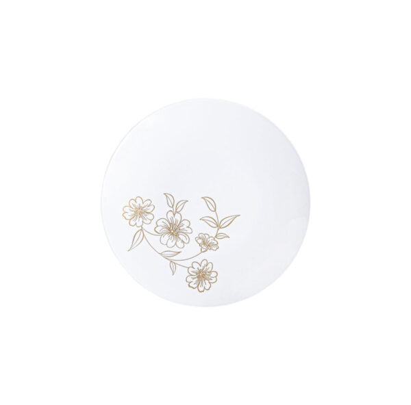 White and Gold Round Plastic Plates - Elegant Disposable Dinnerware for Parties, Weddings & Events - 50-Pack BPA-Free Primrose Collection - Perfect for Indoor/Outdoor Dining & Special Occasions